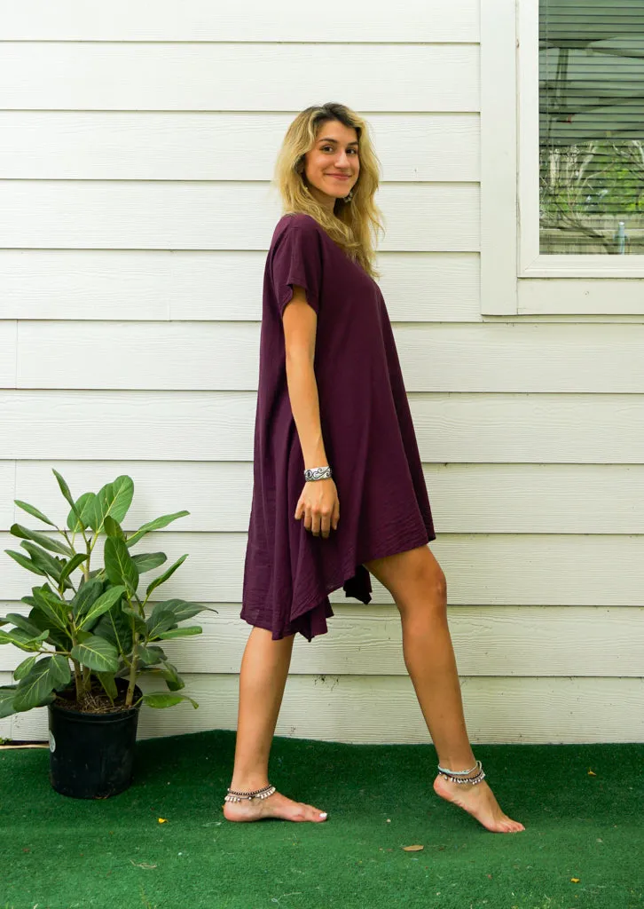 Purple Plum Raw Natural Cotton Gauze Asymmetrical Maxi Dress