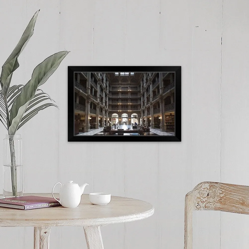 "Interiors of a library, Peabody Institute, Johns Hopkins University, Baltimor" Black Framed Print