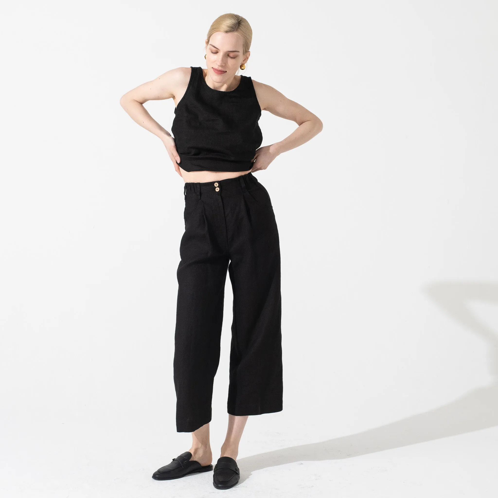 R: DAMME-2 high-waisted linen pants (Size: L; Color: Dark-Grey-Blue)