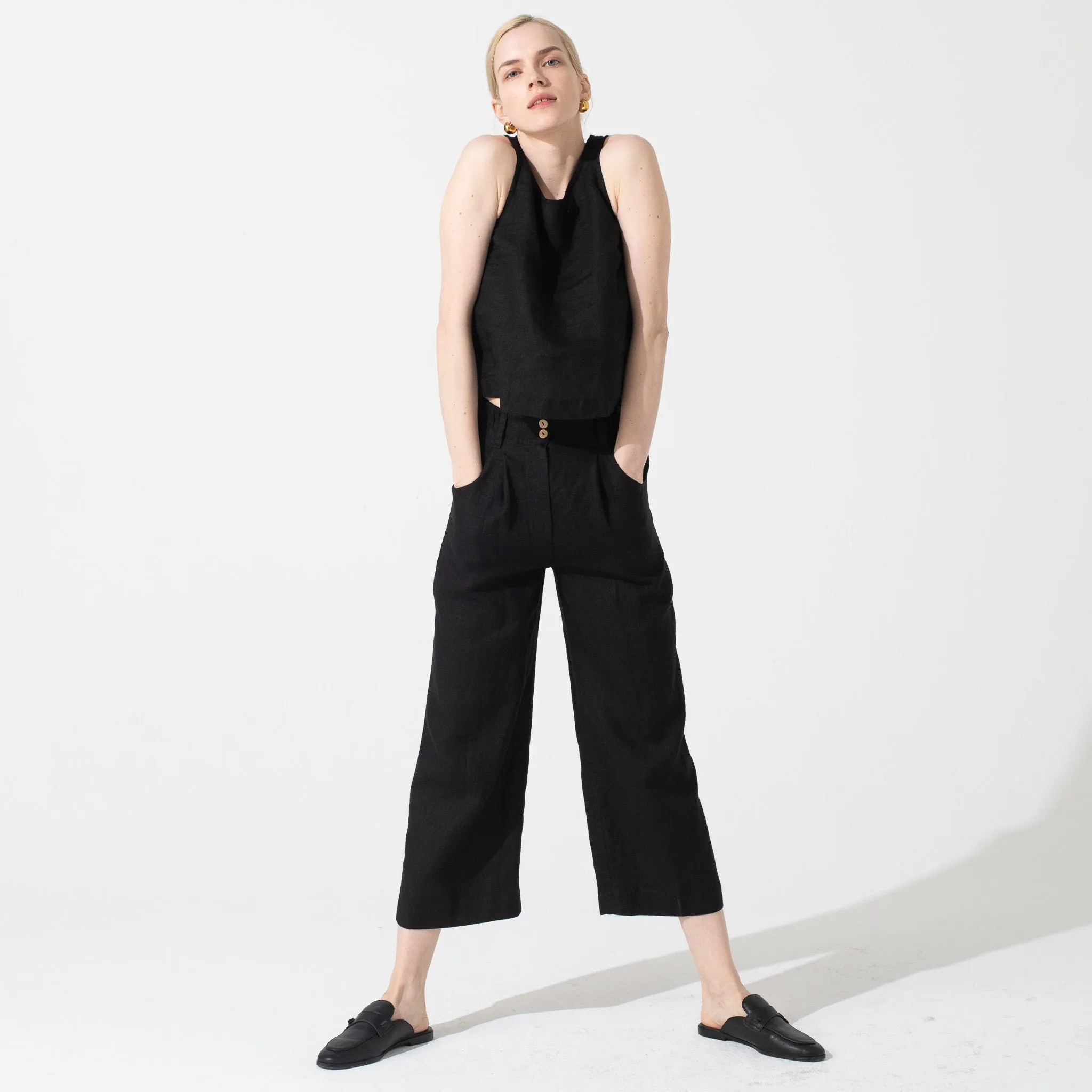 R: DAMME-2 high-waisted linen pants (Size: L; Color: Dark-Grey-Blue)