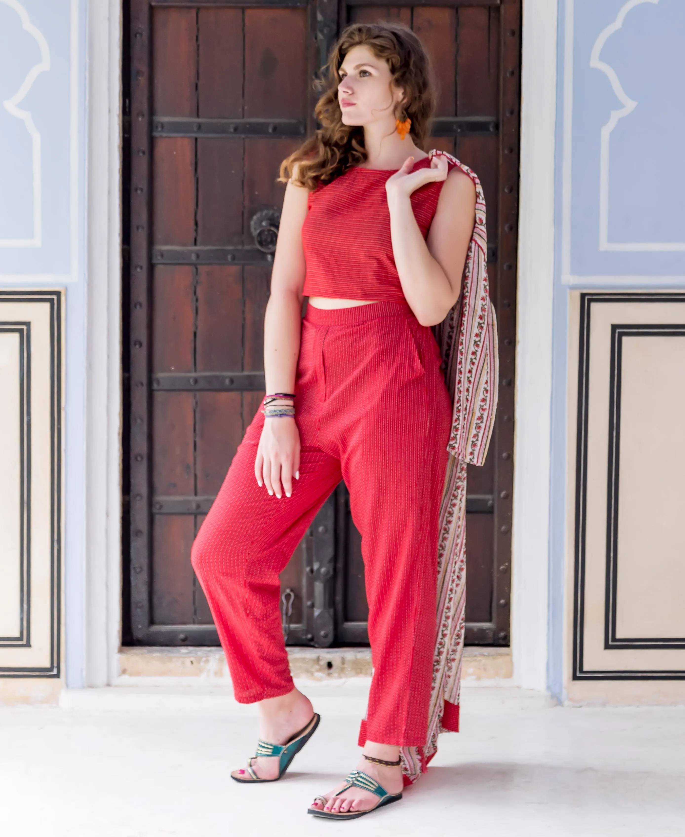 Red Indowestern Crop Top with High Waist Pants and Printed Jacket