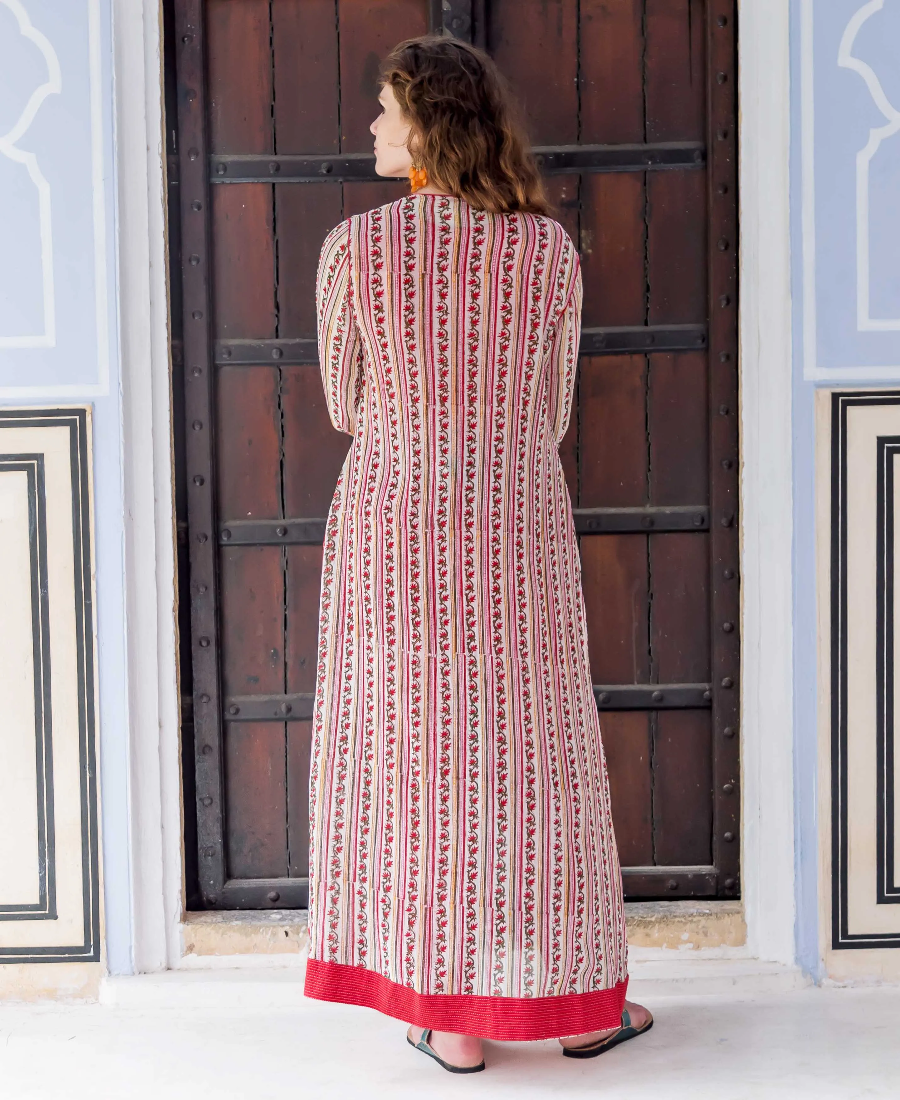 Red Indowestern Crop Top with High Waist Pants and Printed Jacket