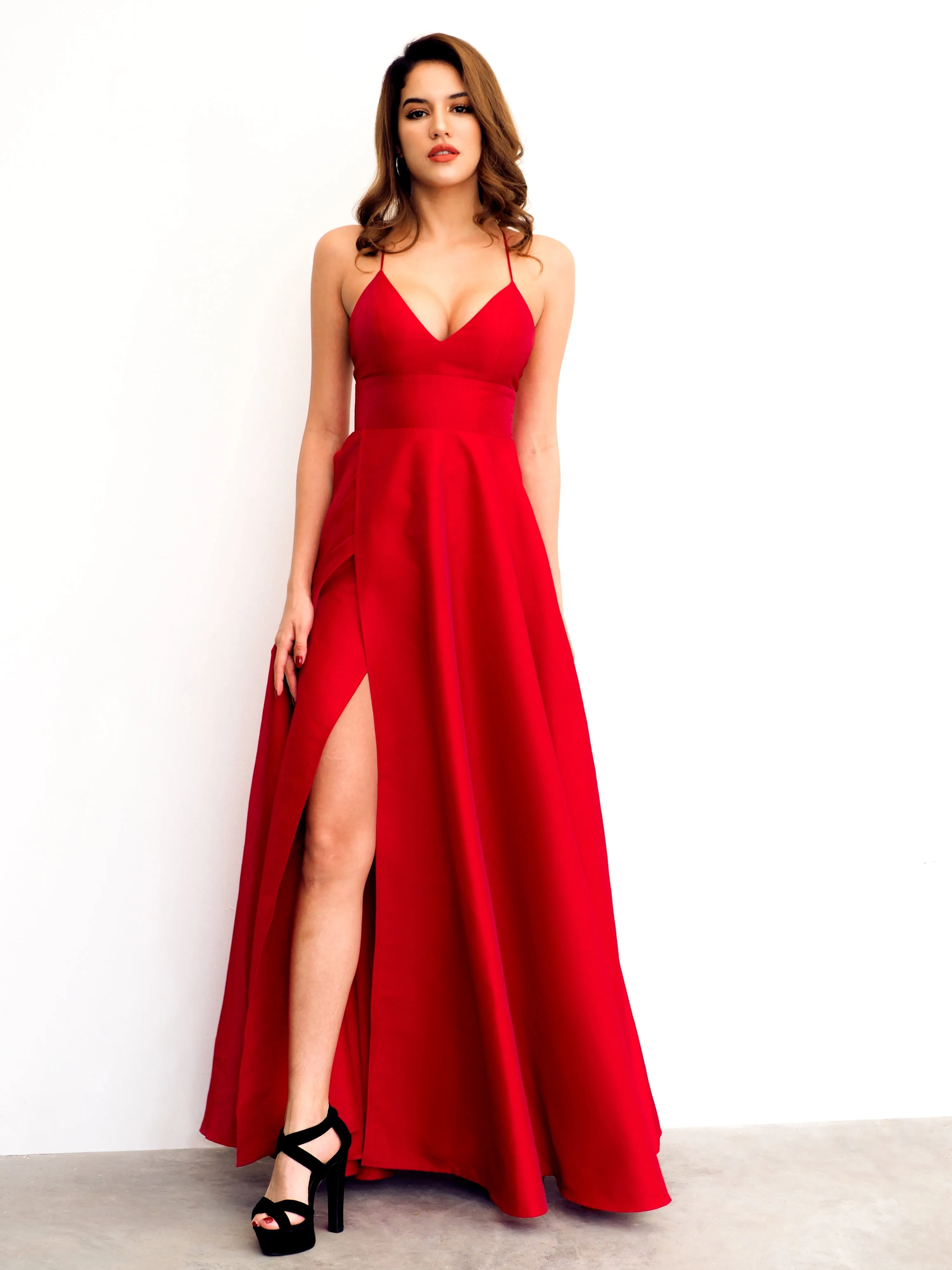 Red satin v-neck full dress with slit and lace up back (sales)