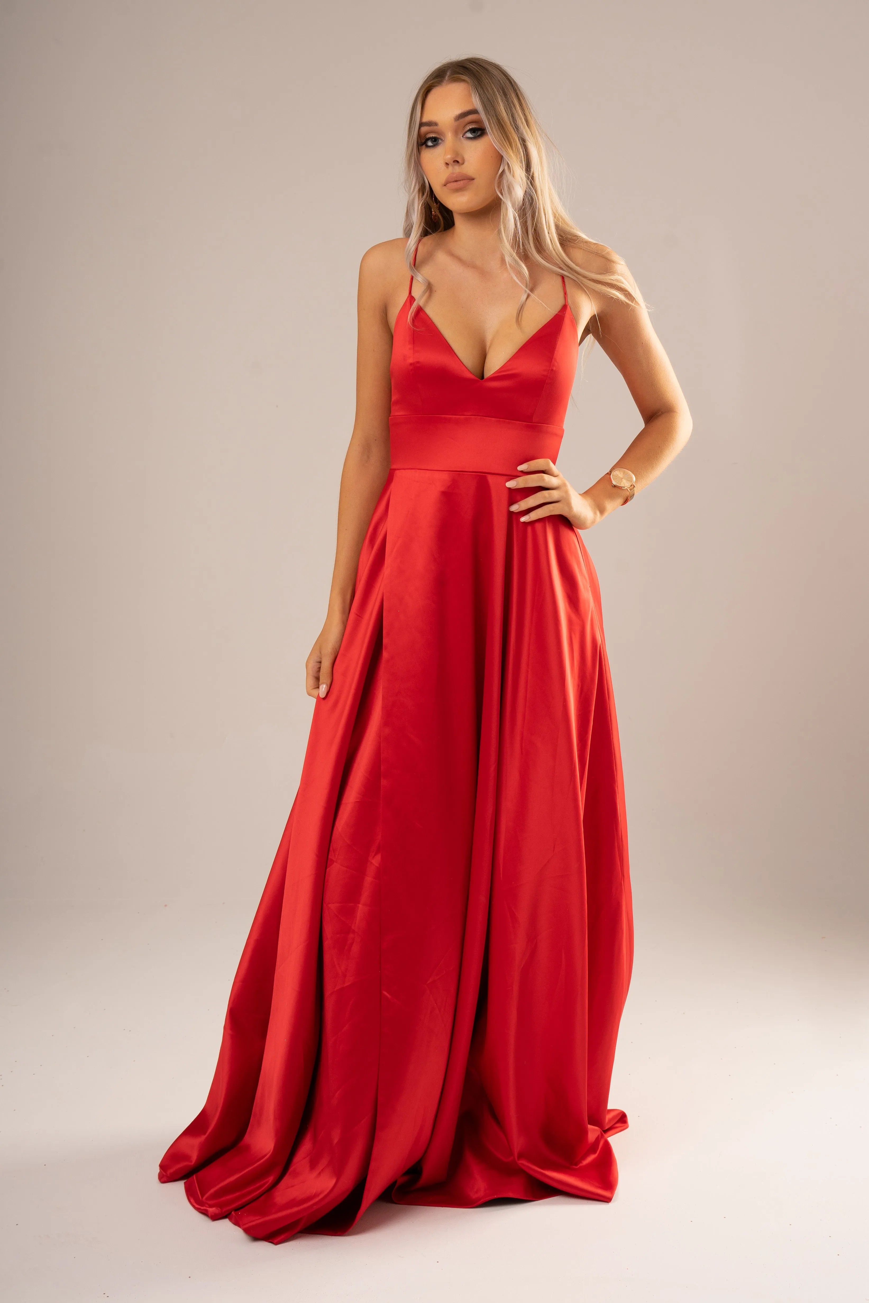 Red satin v-neck full dress with slit and lace up back (sales)