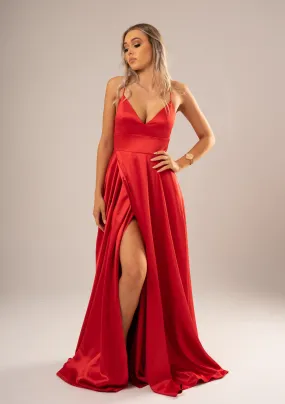 Red satin v-neck full dress with slit and lace up back (sales)