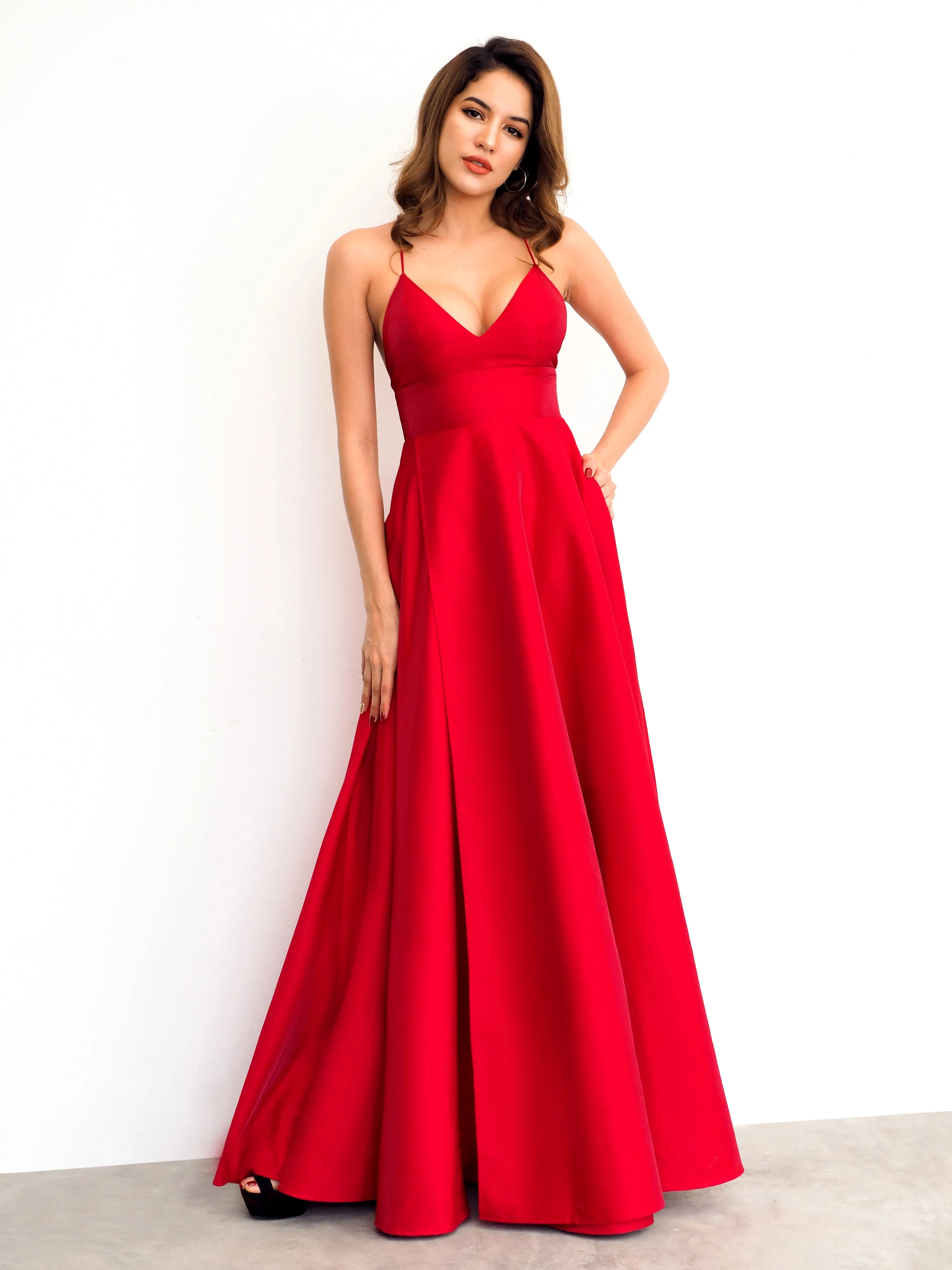 Red satin v-neck full dress with slit and lace up back (sales)