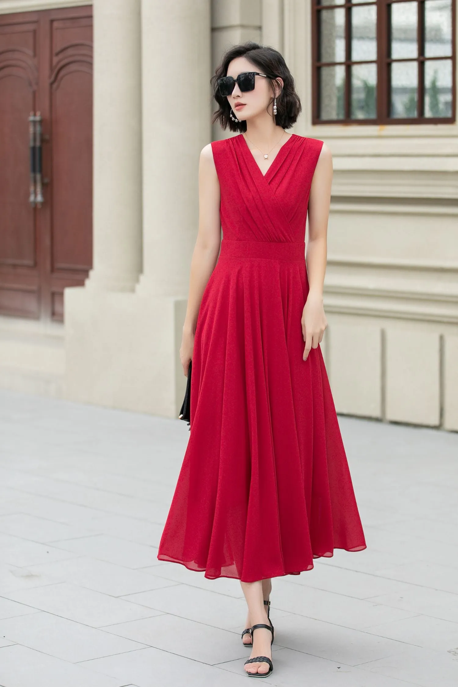 Red v neck prom summer swing chiffon dress 5174