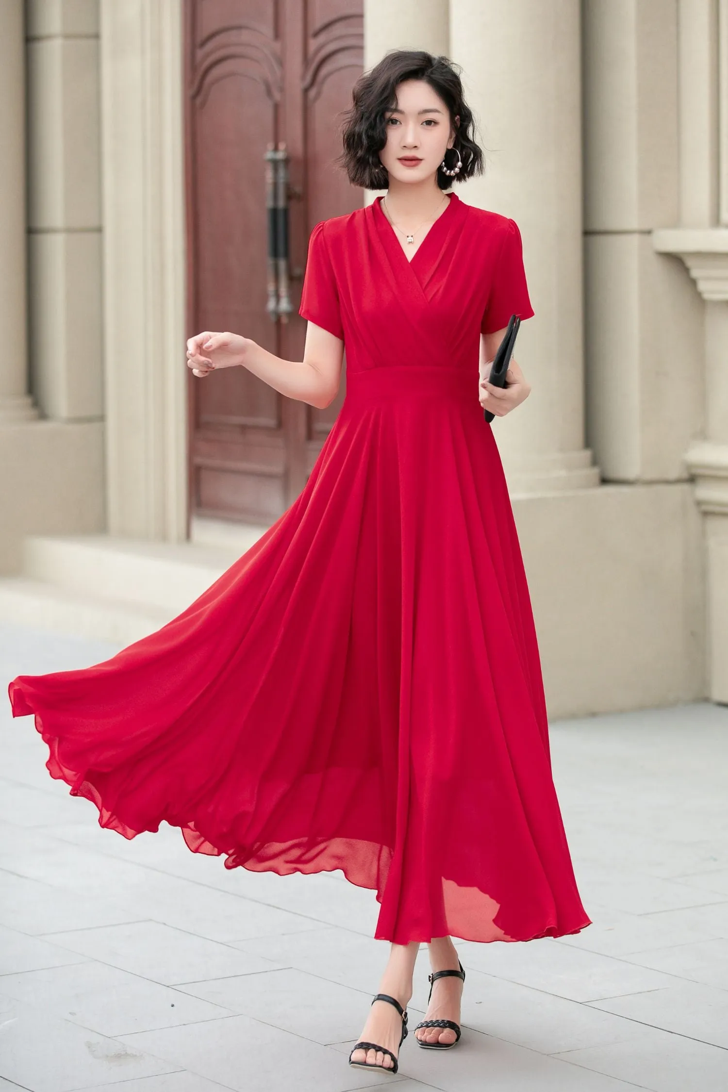 Red v neck prom summer swing chiffon dress 5174