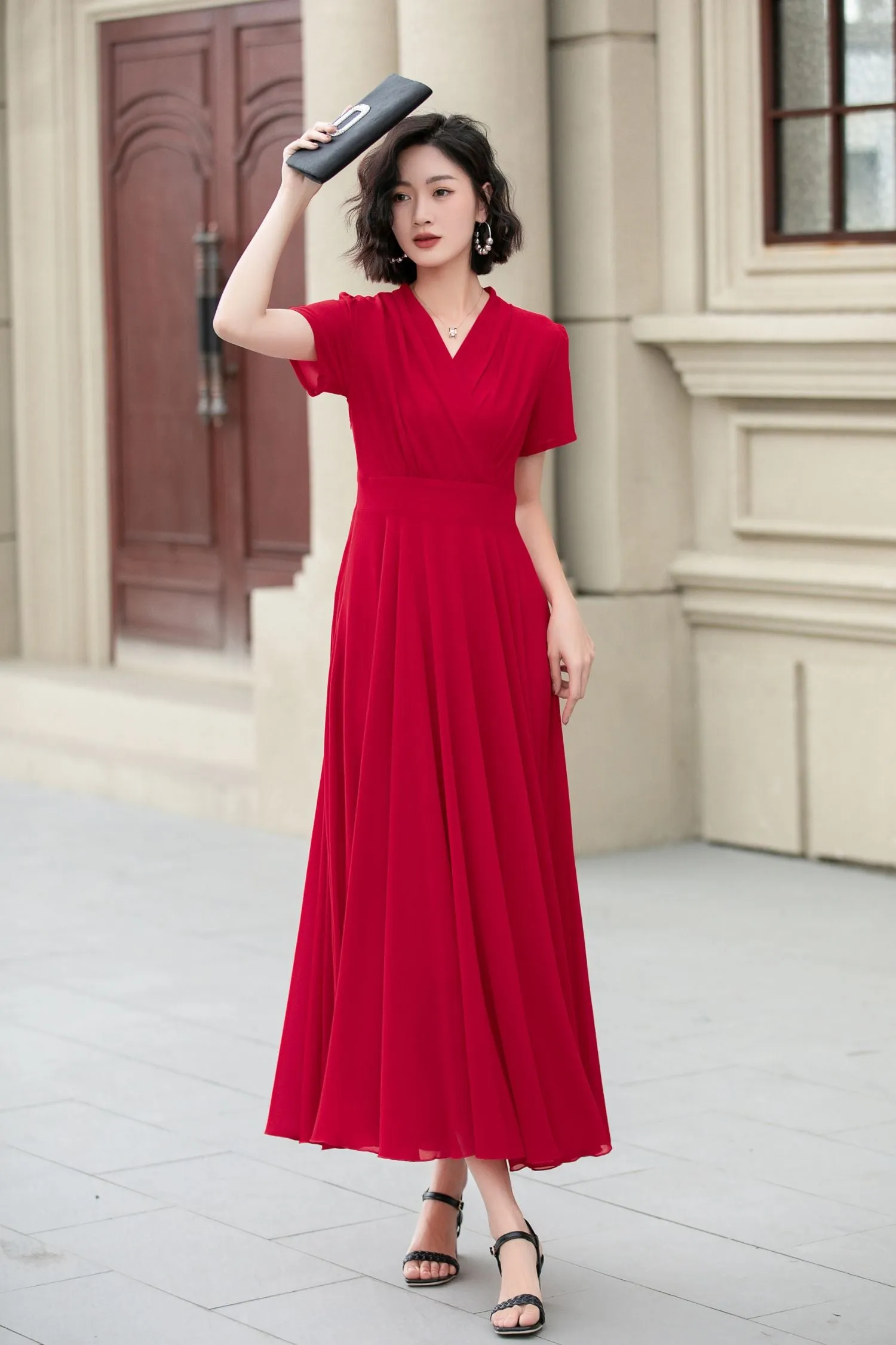 Red v neck prom summer swing chiffon dress 5174