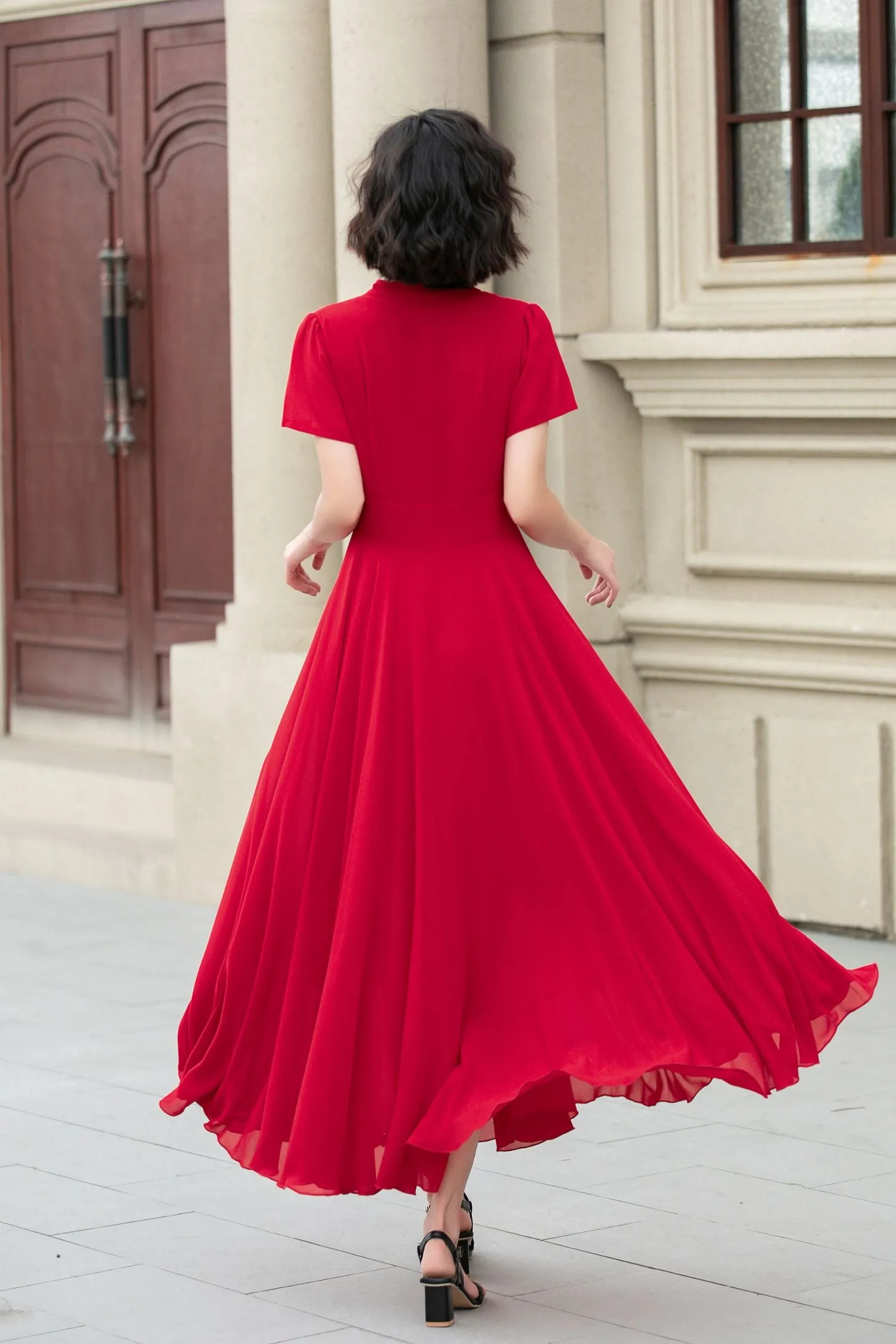 Red v neck prom summer swing chiffon dress 5174