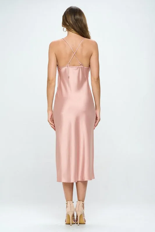 RENEE C. Peach Romantic Satin Bias Slip Dress with Slit