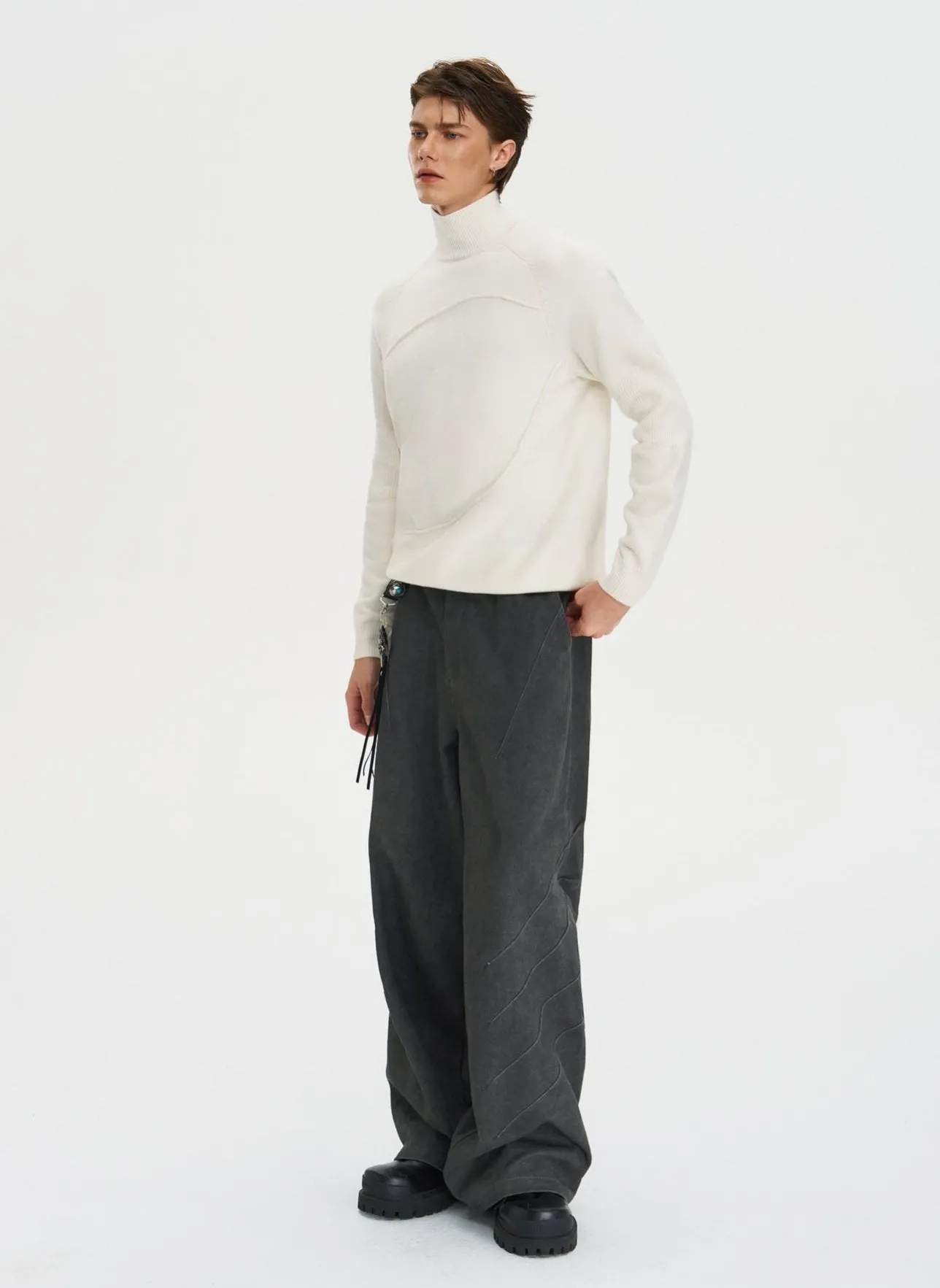 Ribbed Turtleneck Panel-Stitch Sweater