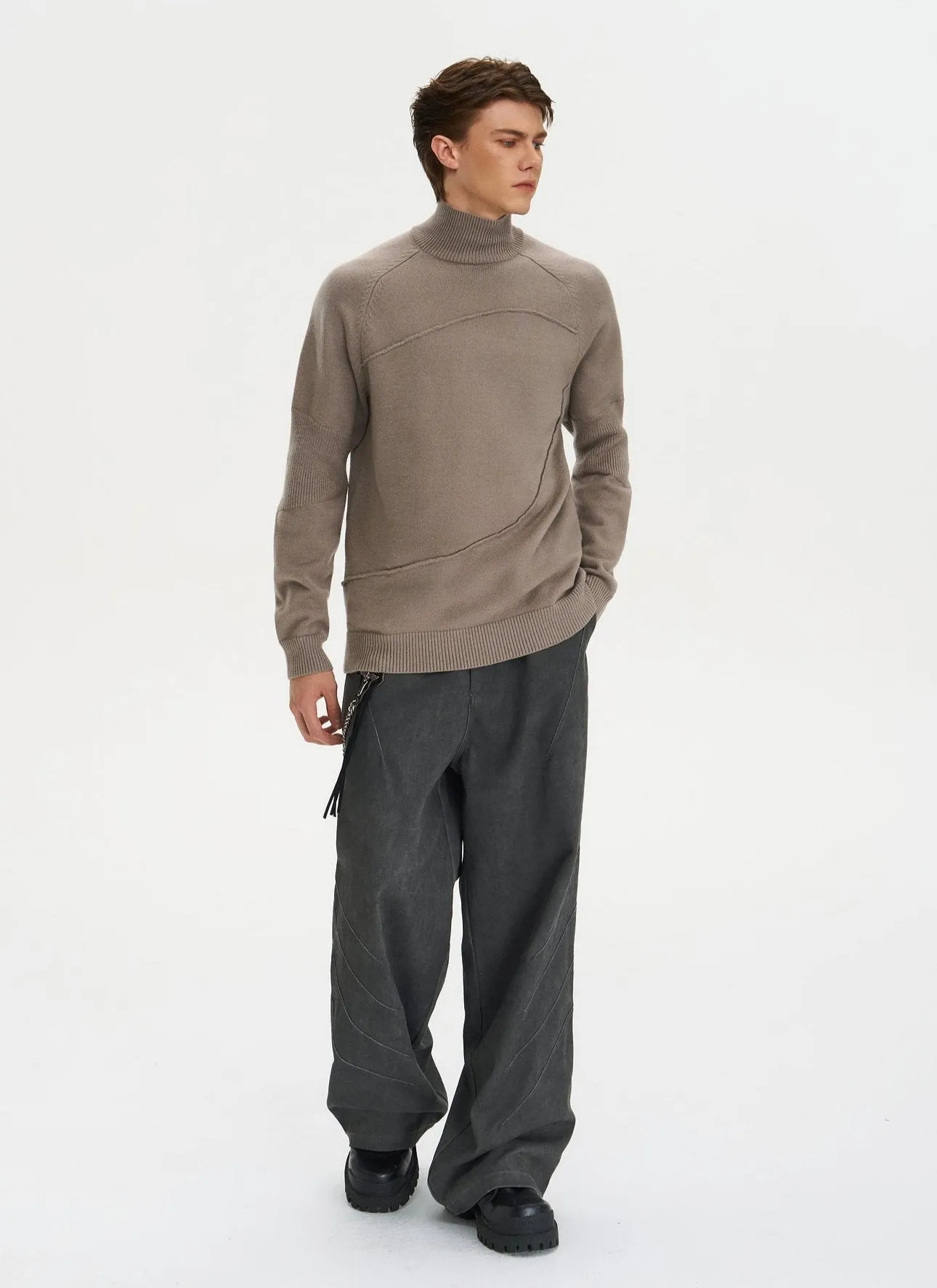 Ribbed Turtleneck Panel-Stitch Sweater