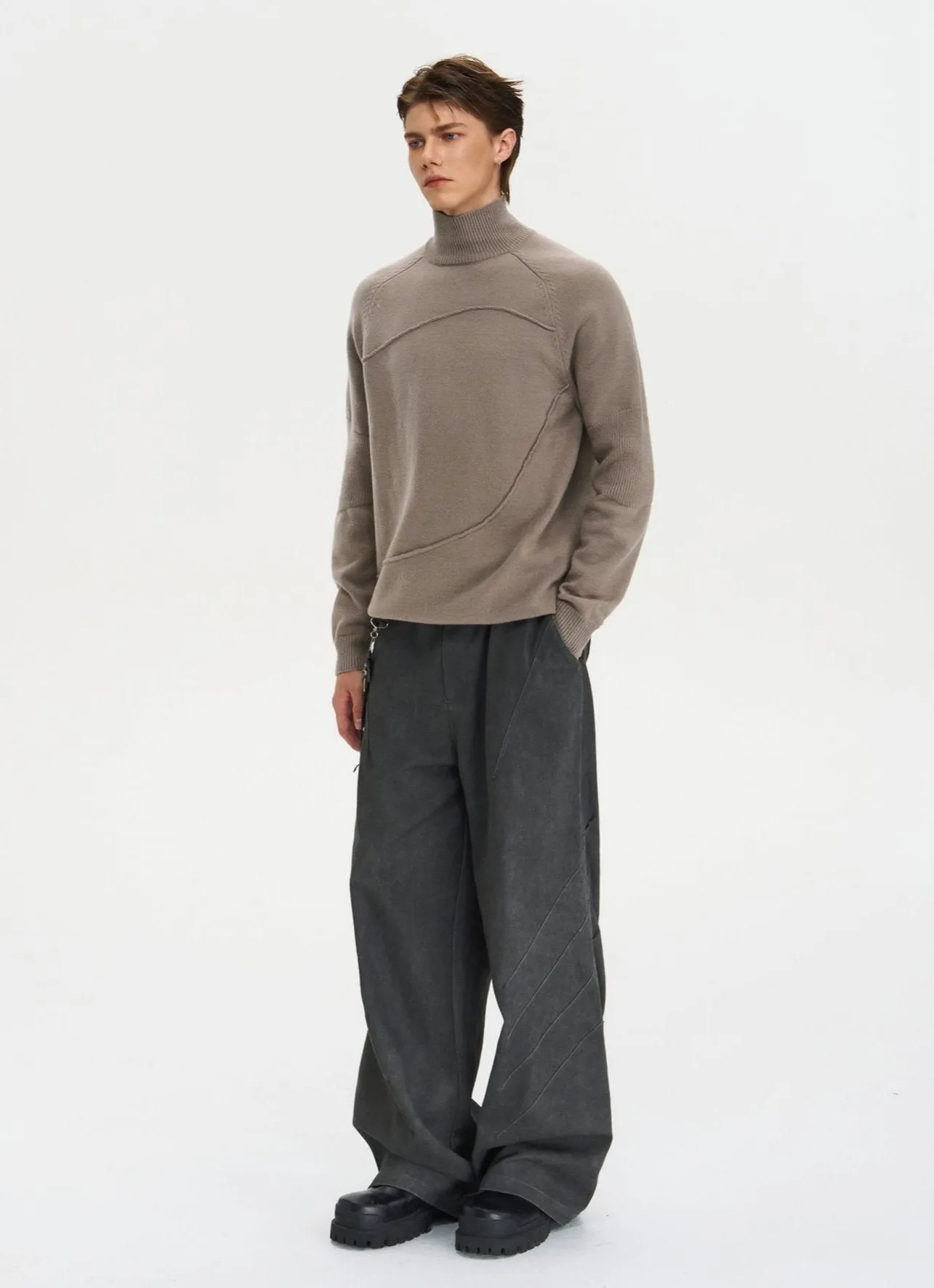 Ribbed Turtleneck Panel-Stitch Sweater