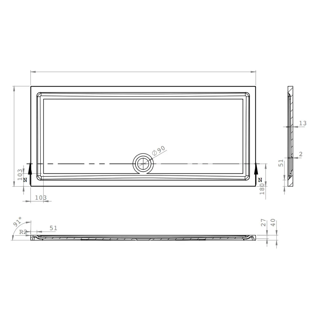 Roman Stone Solid Surface Anti Slip Shower Tray - 1500 x 800 x 40mm