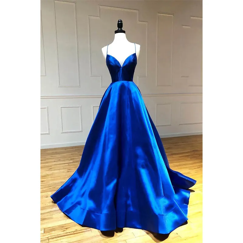 Royal Blue Satin V-neck Spaghetti Straps A-line Simple Prom Dress