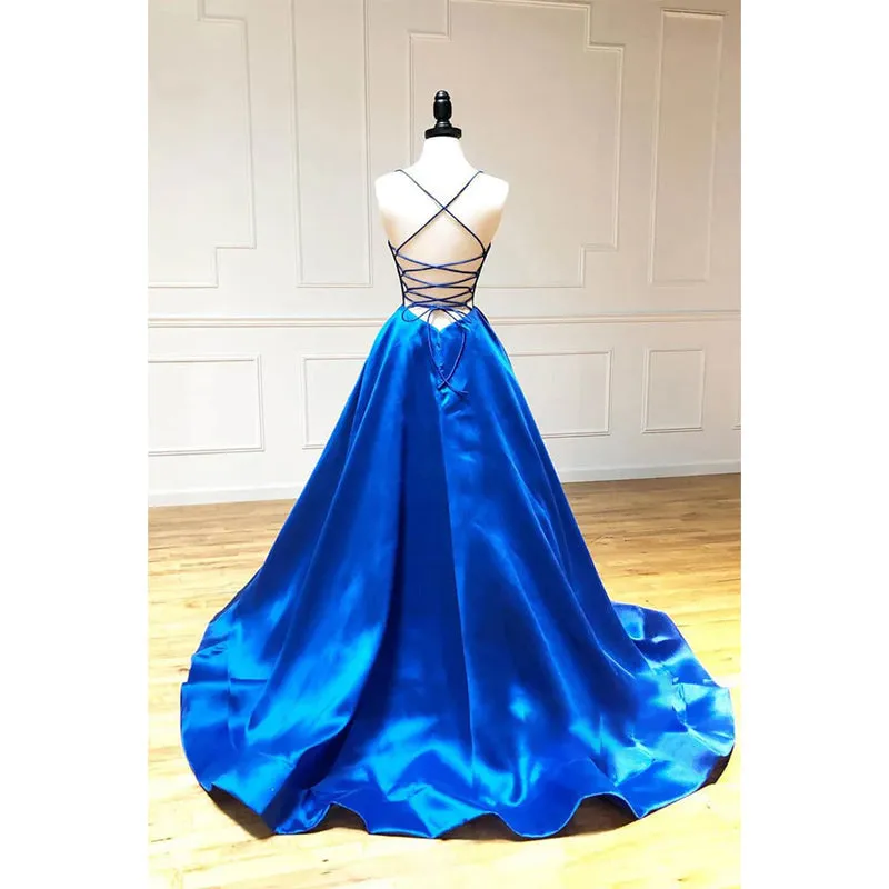 Royal Blue Satin V-neck Spaghetti Straps A-line Simple Prom Dress