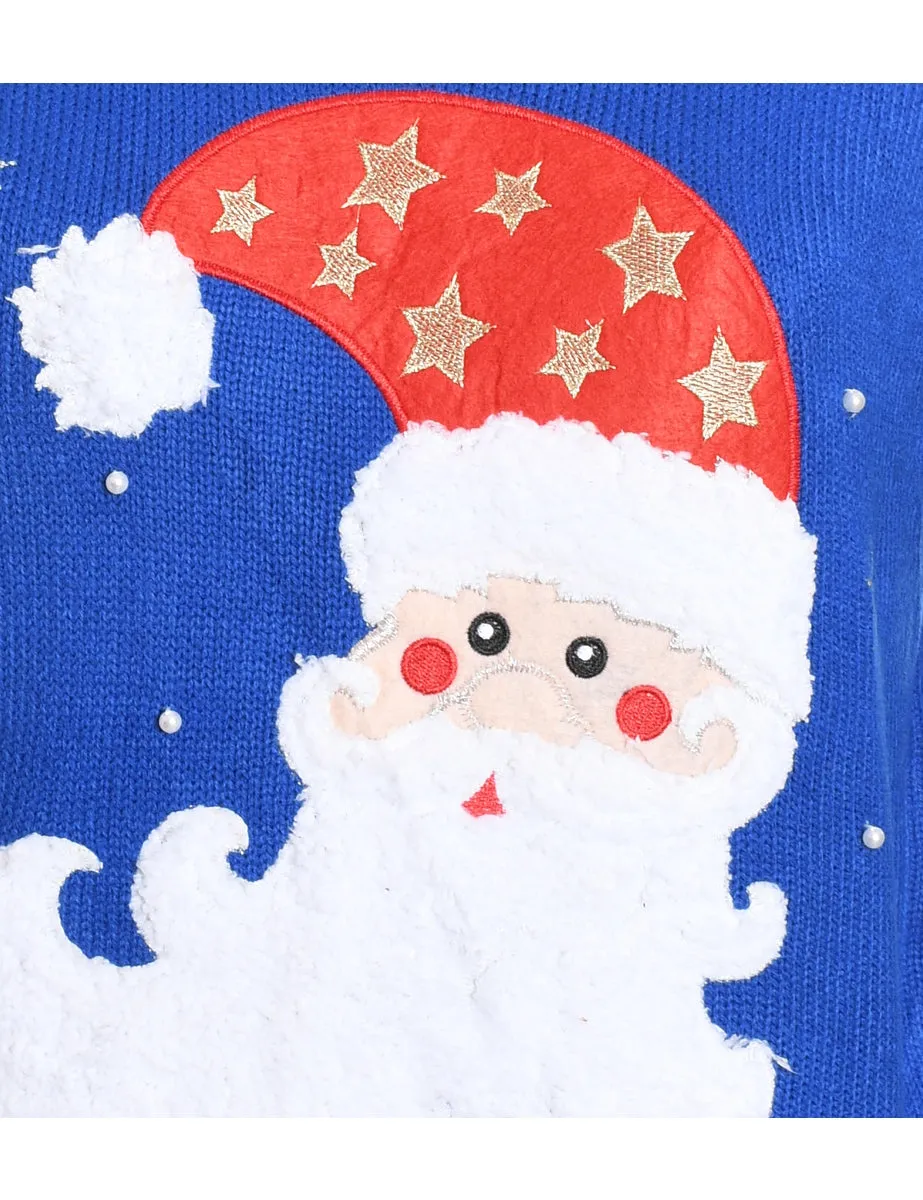 Santa Claus Design Blue Embroidered Christmas Jumper - M