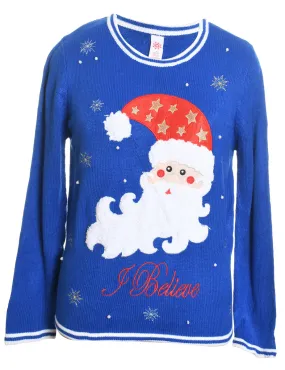 Santa Claus Design Blue Embroidered Christmas Jumper - M