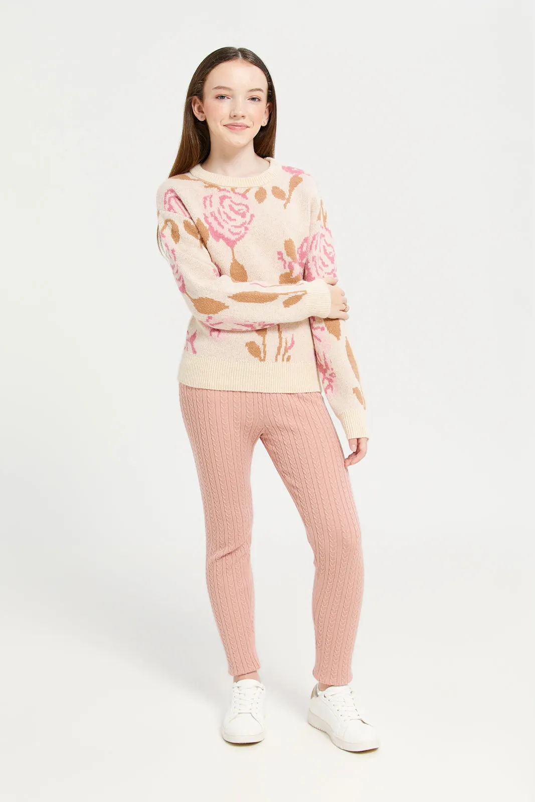 Senior Girls Pink Cable Knit Leggings