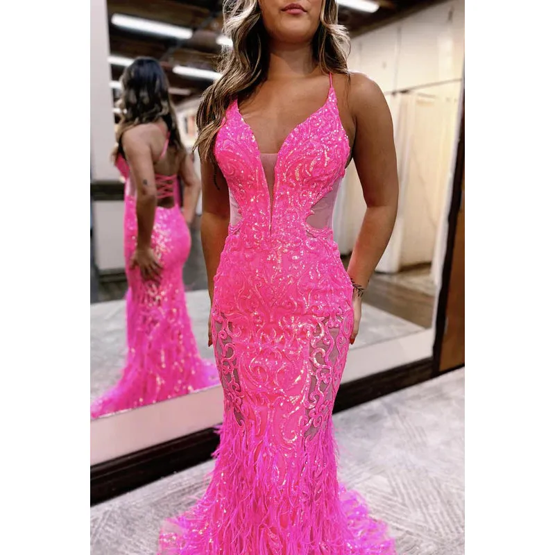 Sexy & Sparkly V-neck Spaghetti Straps Mermaid Sequins Evening Party Prom Dress