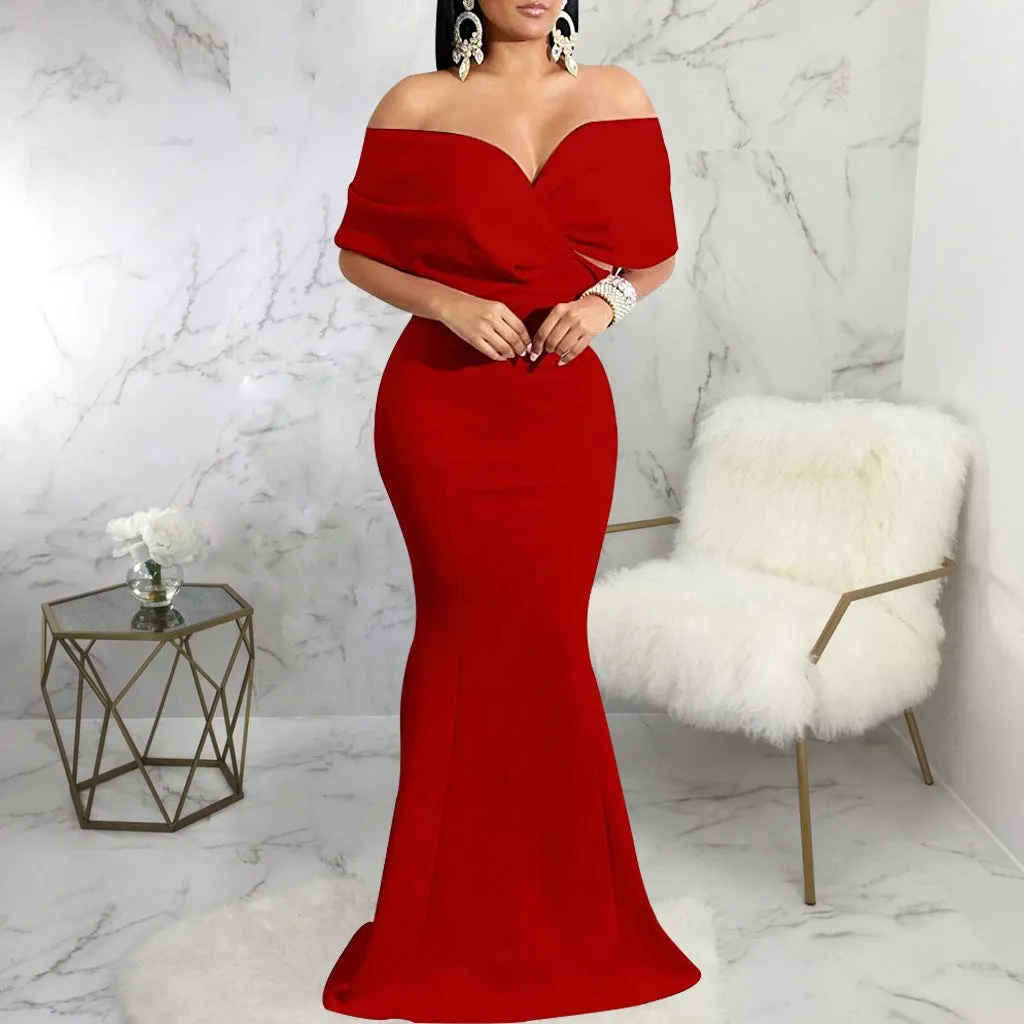 Sexy backless off the shoulder wrap maxi dress | evening gown fishtail maxi dress