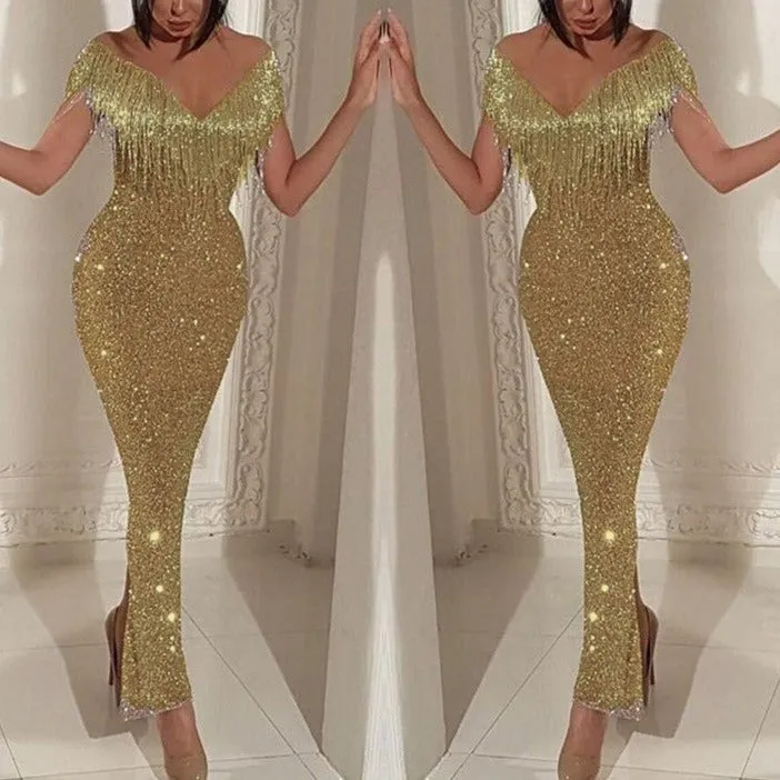 Sexy sequins tassels off the shoulder bodycon maxi dress | Bodycon dress party prom dress