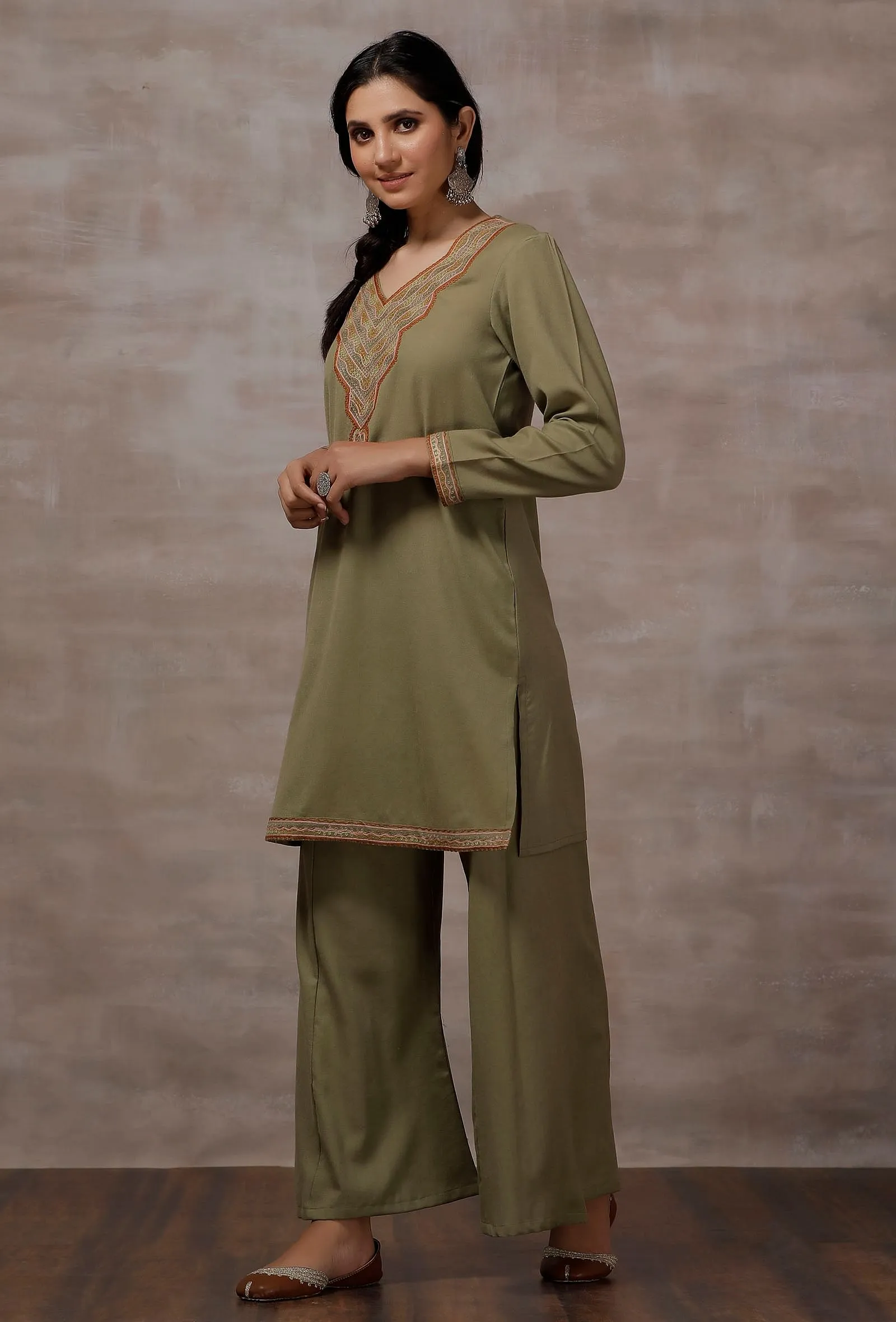 Sheen Mint Green Straight Woollen Kurta