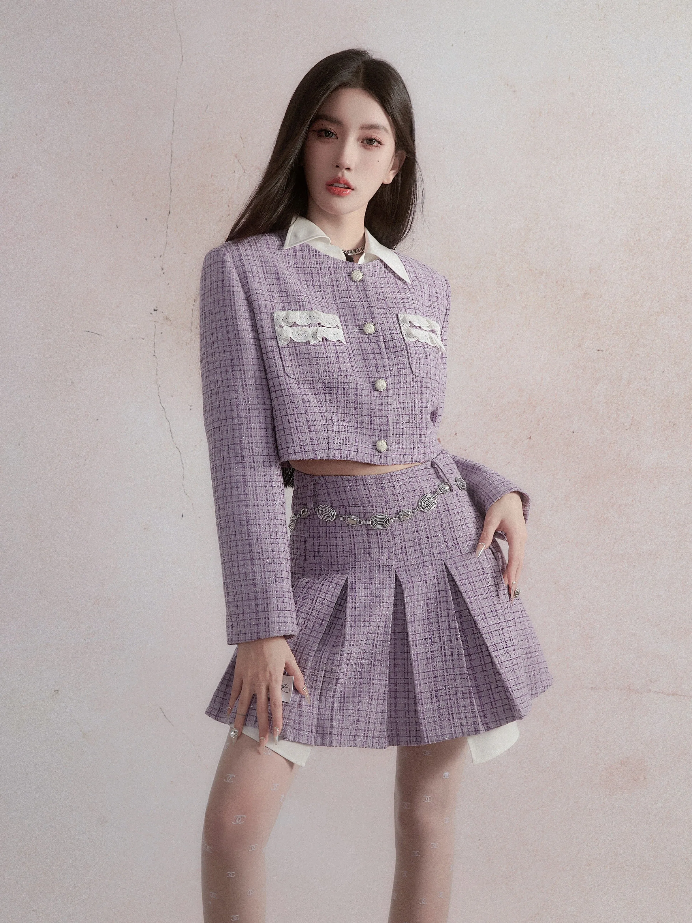 Small Fragrance Style Layered Design Jacket ＆ Pleated Skirt