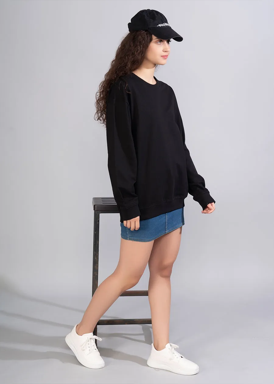 Solid Black Women Drop Shoulder Sweatshirt | Pronk