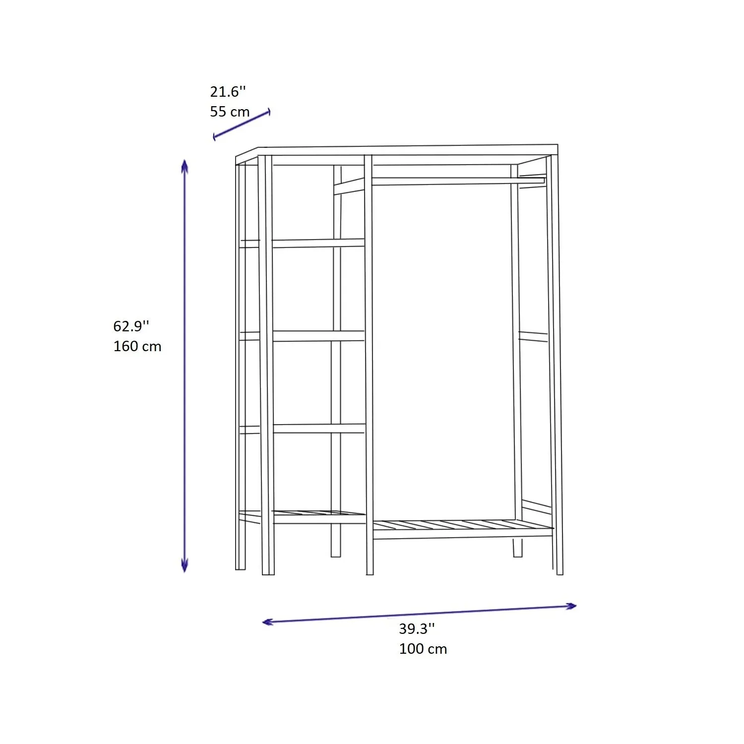 Solid Pine Wood Handmade Open Wardrobe with Shelves and Hanger Randa 55