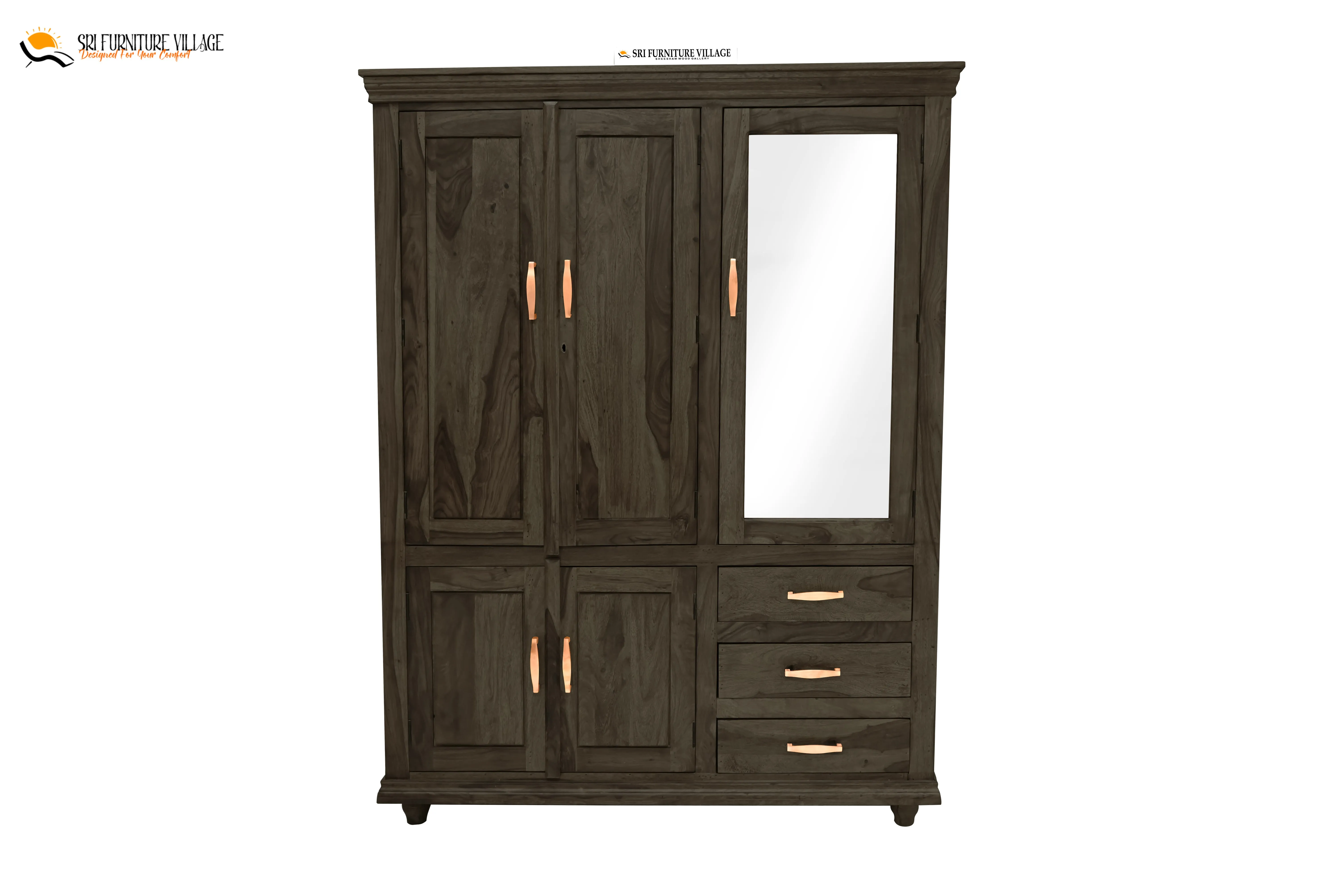 Solid Sheesham Wood Plain 5 Door & Drawer's Wardrobe (Natural Finish) - 6123