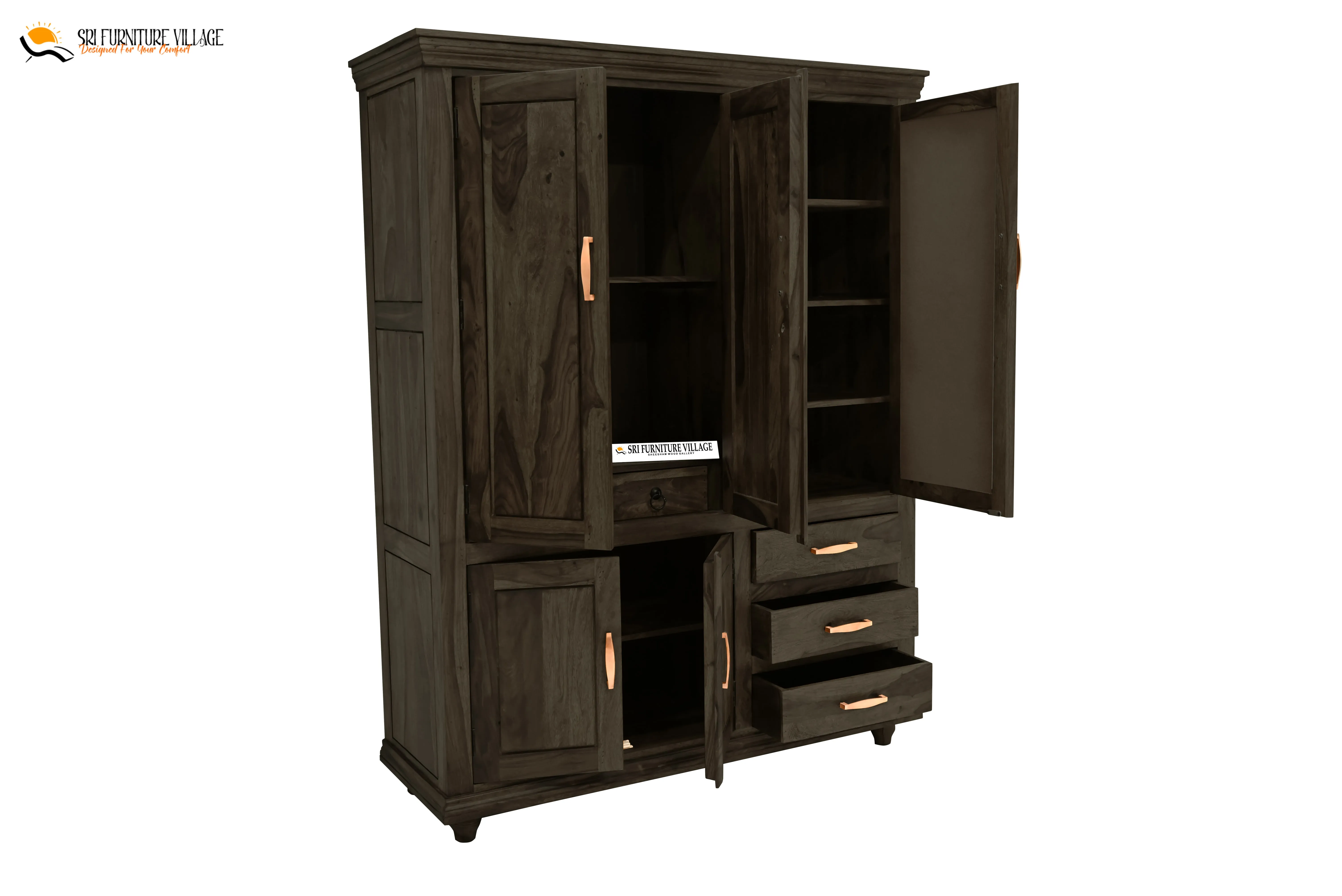 Solid Sheesham Wood Plain 5 Door & Drawer's Wardrobe (Natural Finish) - 6123