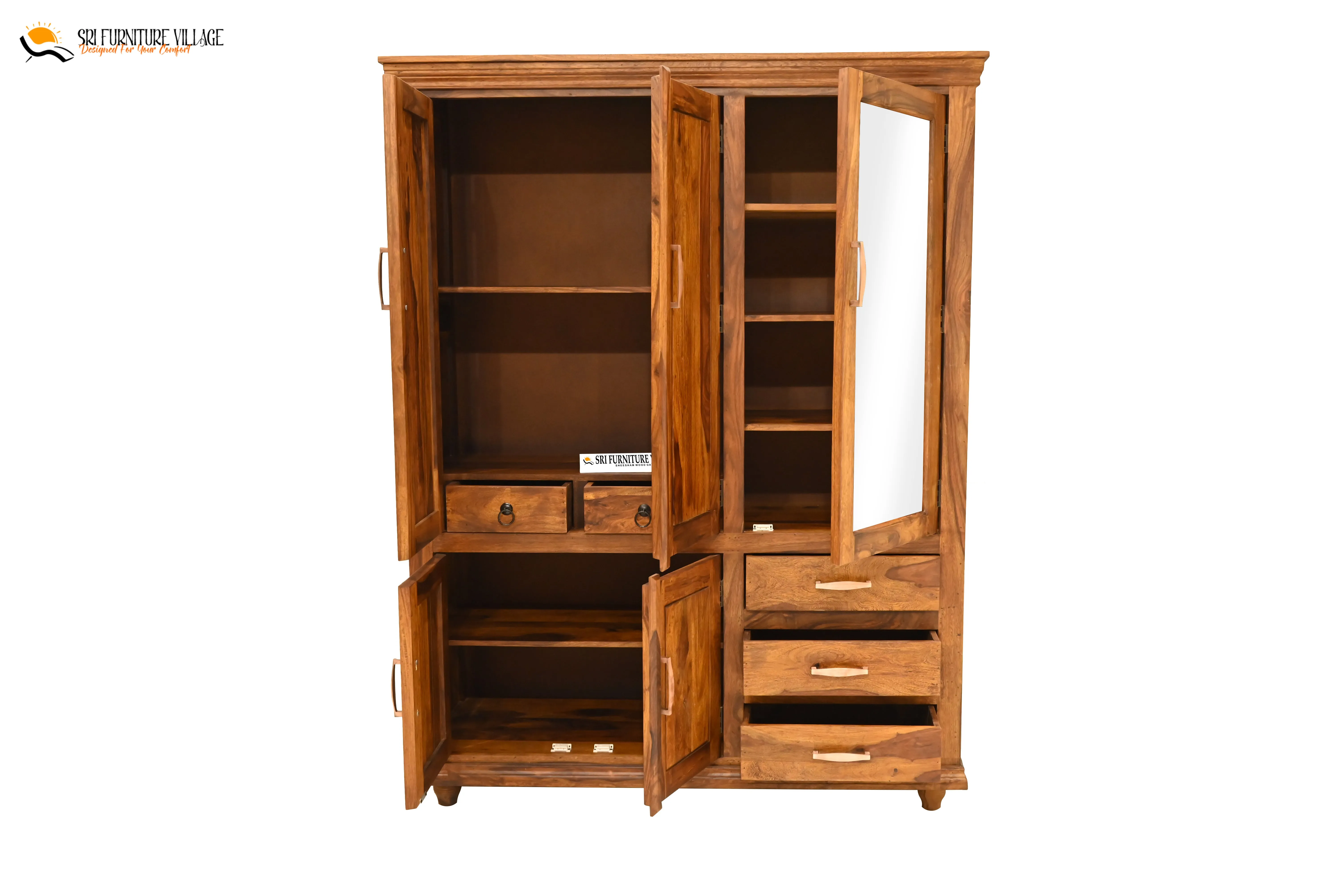 Solid Sheesham Wood Plain 5 Door & Drawer's Wardrobe (Natural Finish) - 6123