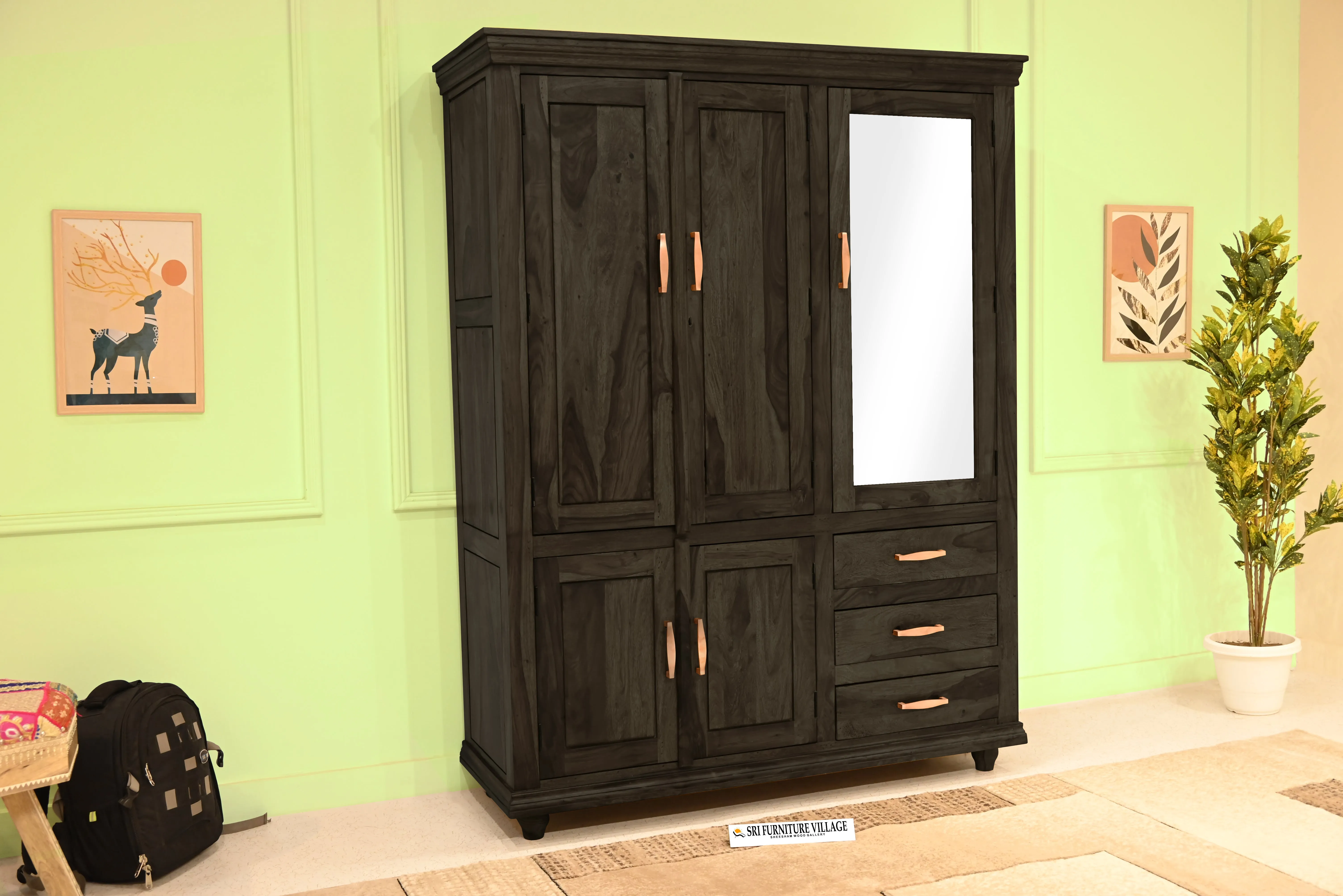 Solid Sheesham Wood Plain 5 Door & Drawer's Wardrobe (Natural Finish) - 6123