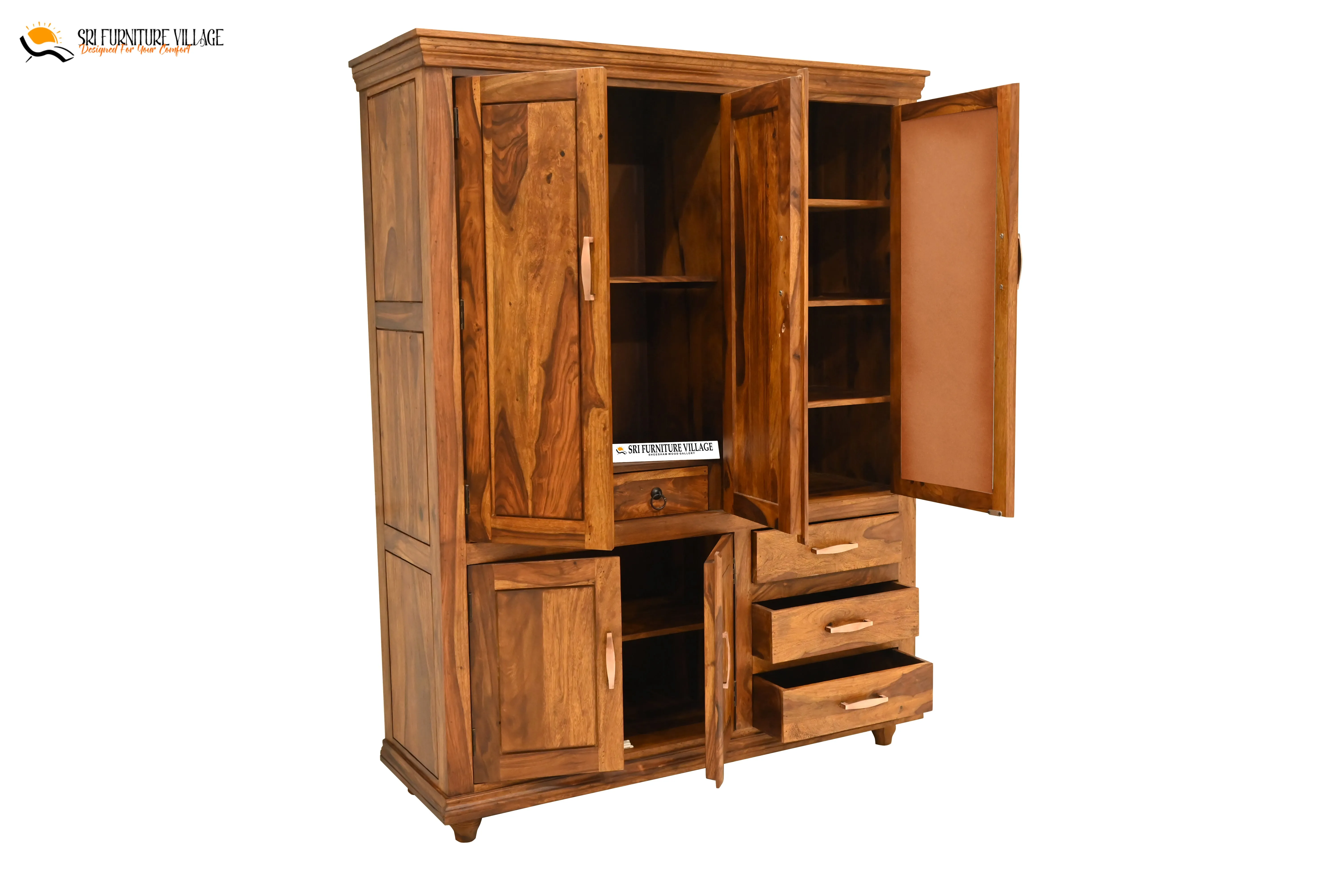 Solid Sheesham Wood Plain 5 Door & Drawer's Wardrobe (Natural Finish) - 6123