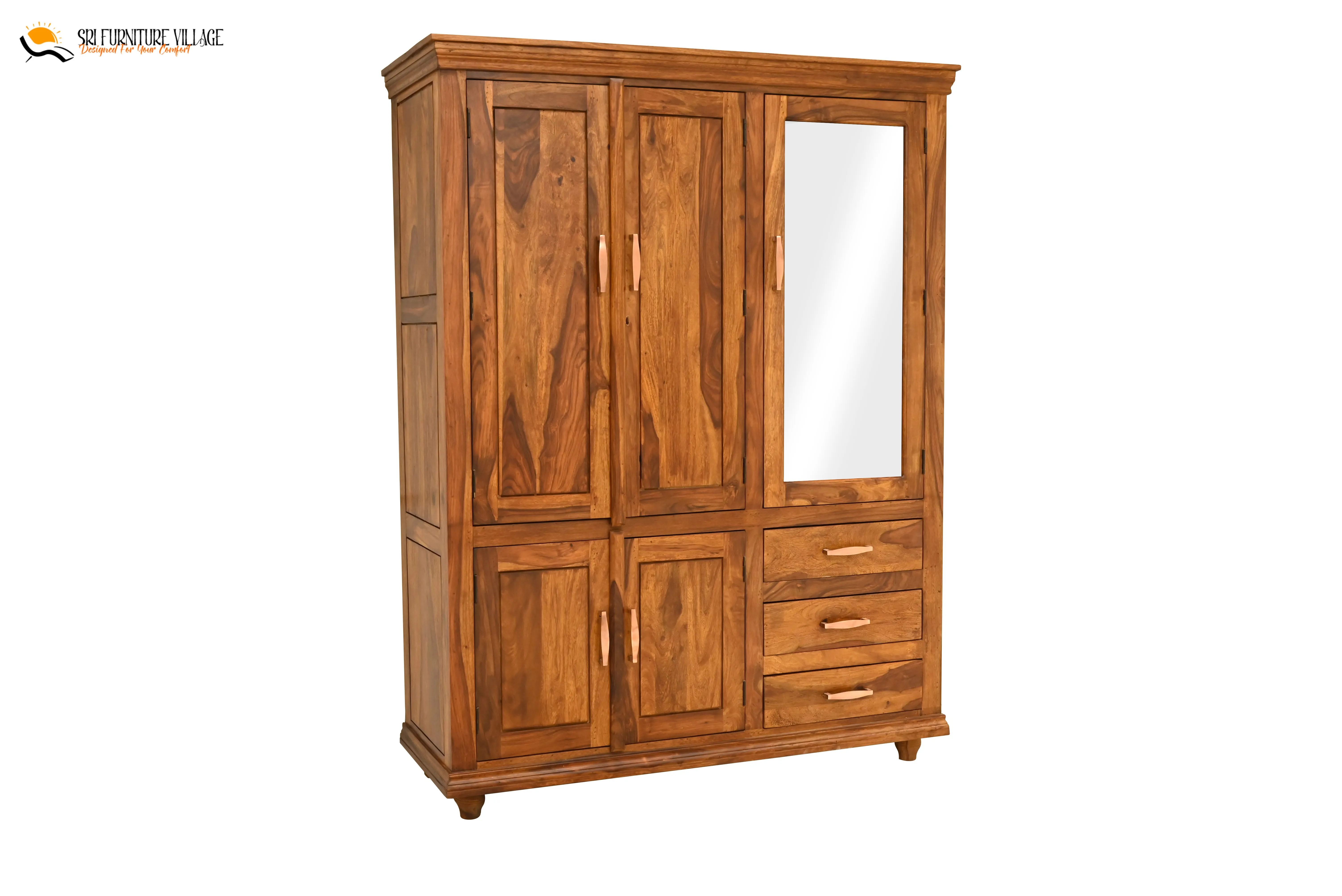 Solid Sheesham Wood Plain 5 Door & Drawer's Wardrobe (Natural Finish) - 6123