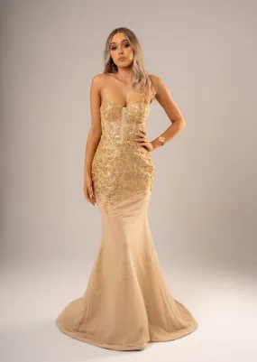 Sparkling gold bustier mermaid dress for hire