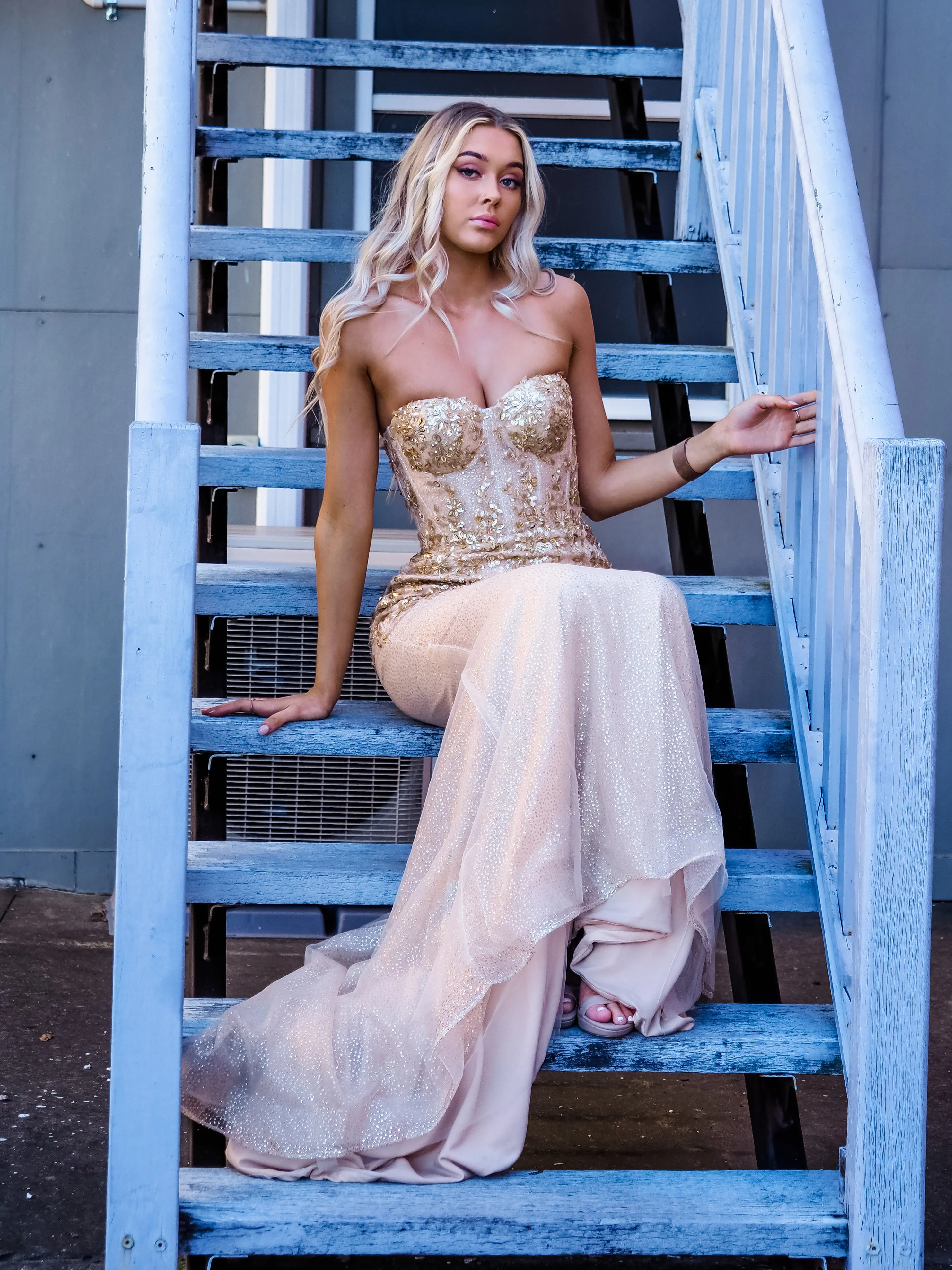 Sparkling gold bustier mermaid dress for hire