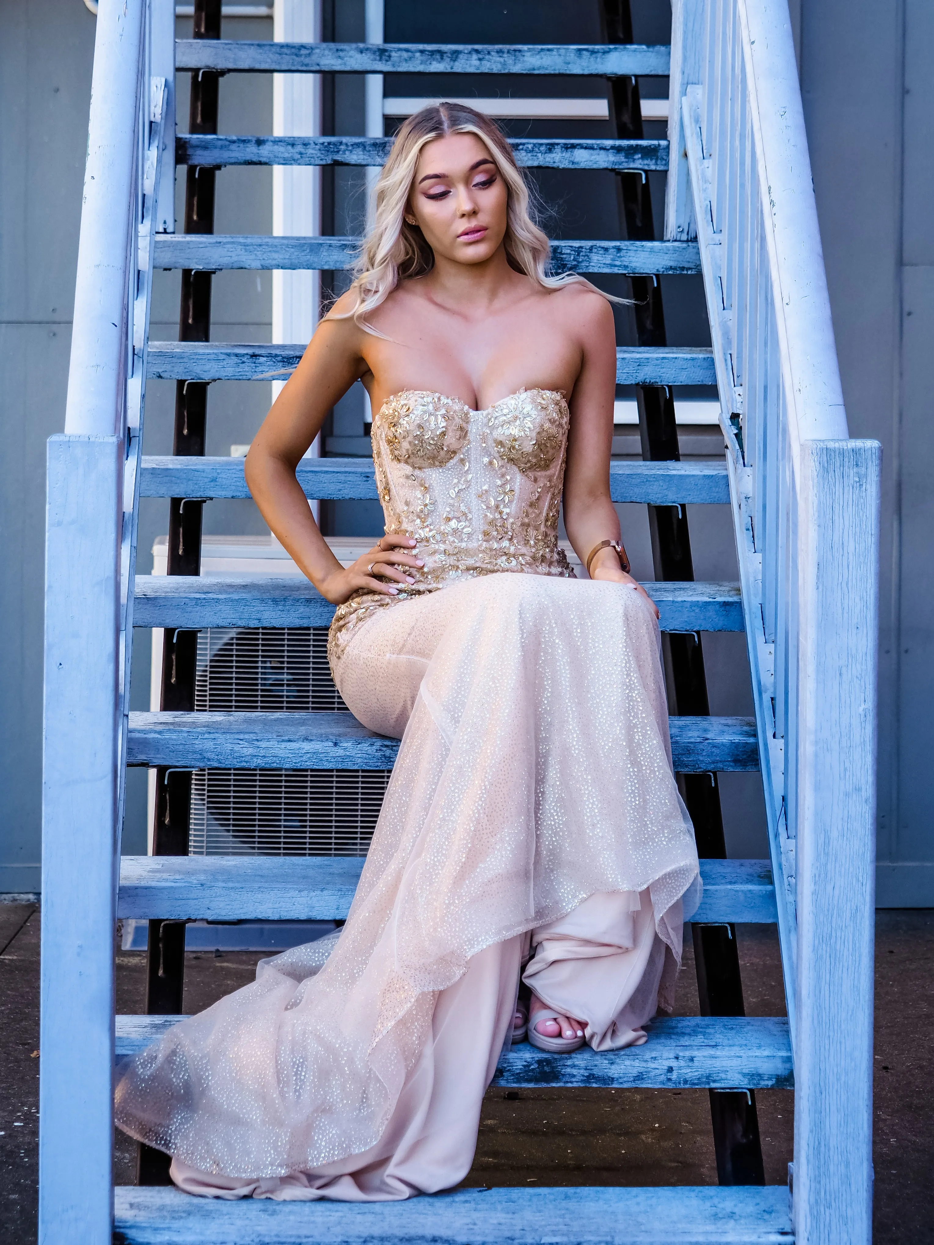 Sparkling gold bustier mermaid dress for hire