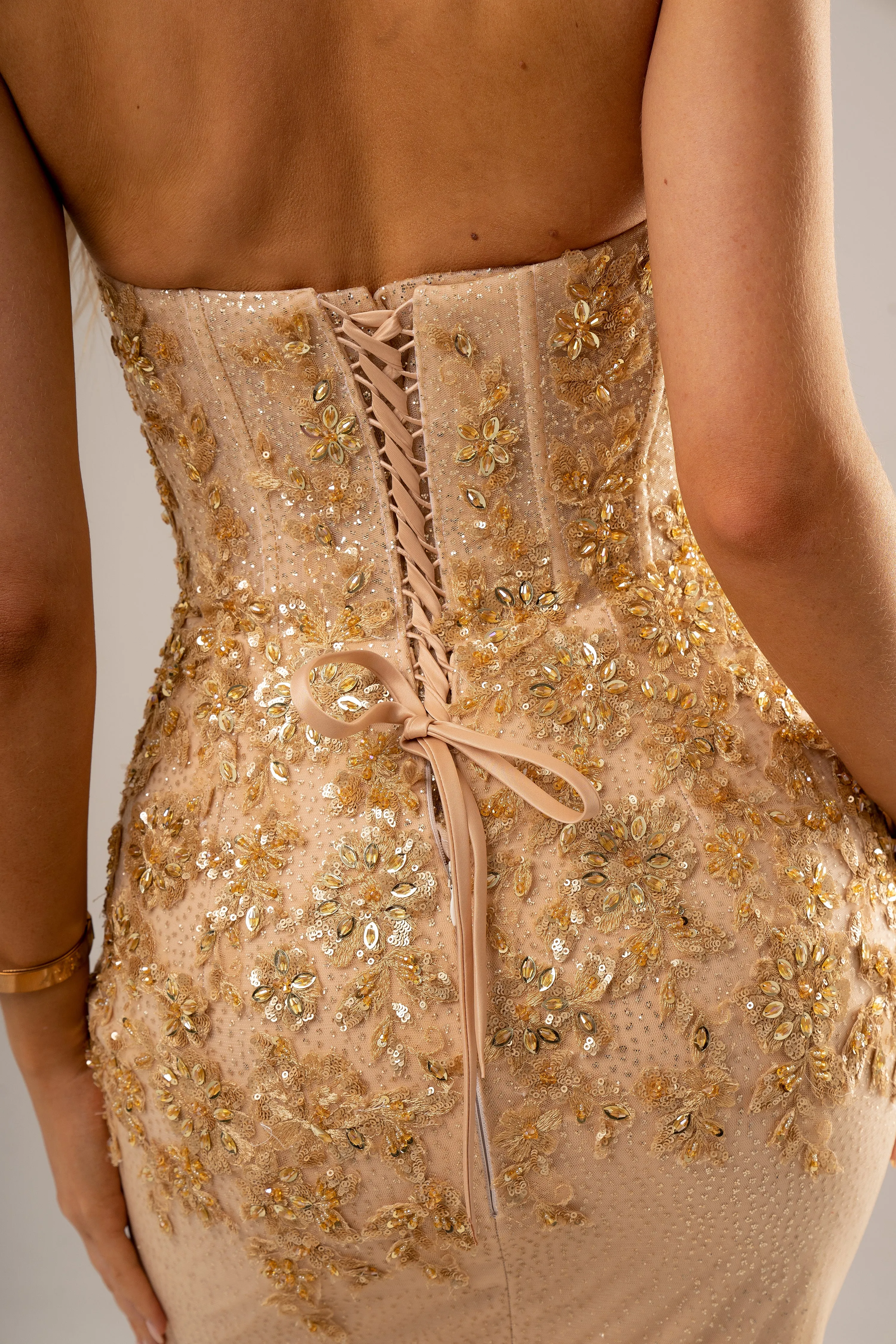 Sparkling gold bustier mermaid dress for hire