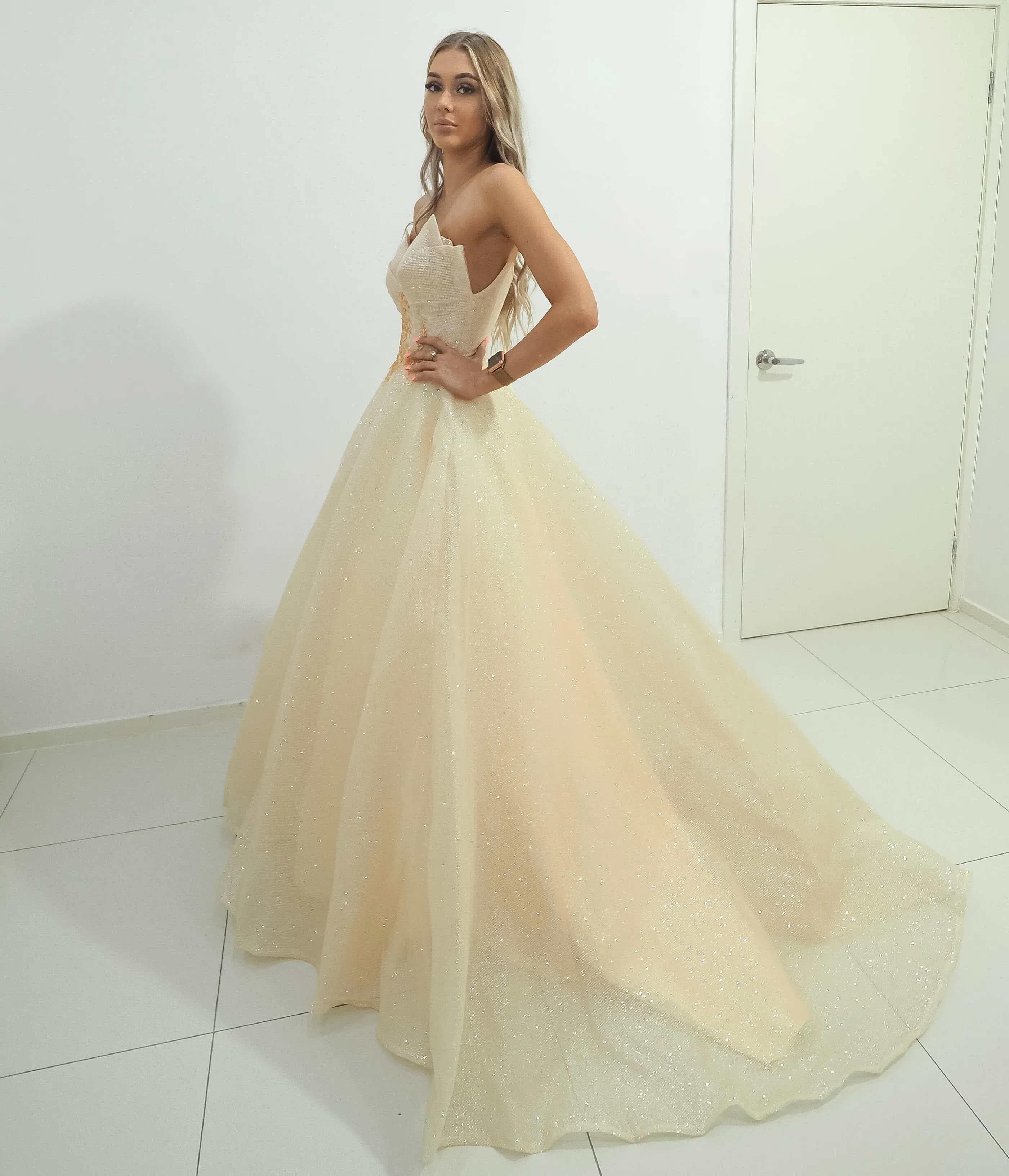 Strapless sparkling light gold tulle princess dress