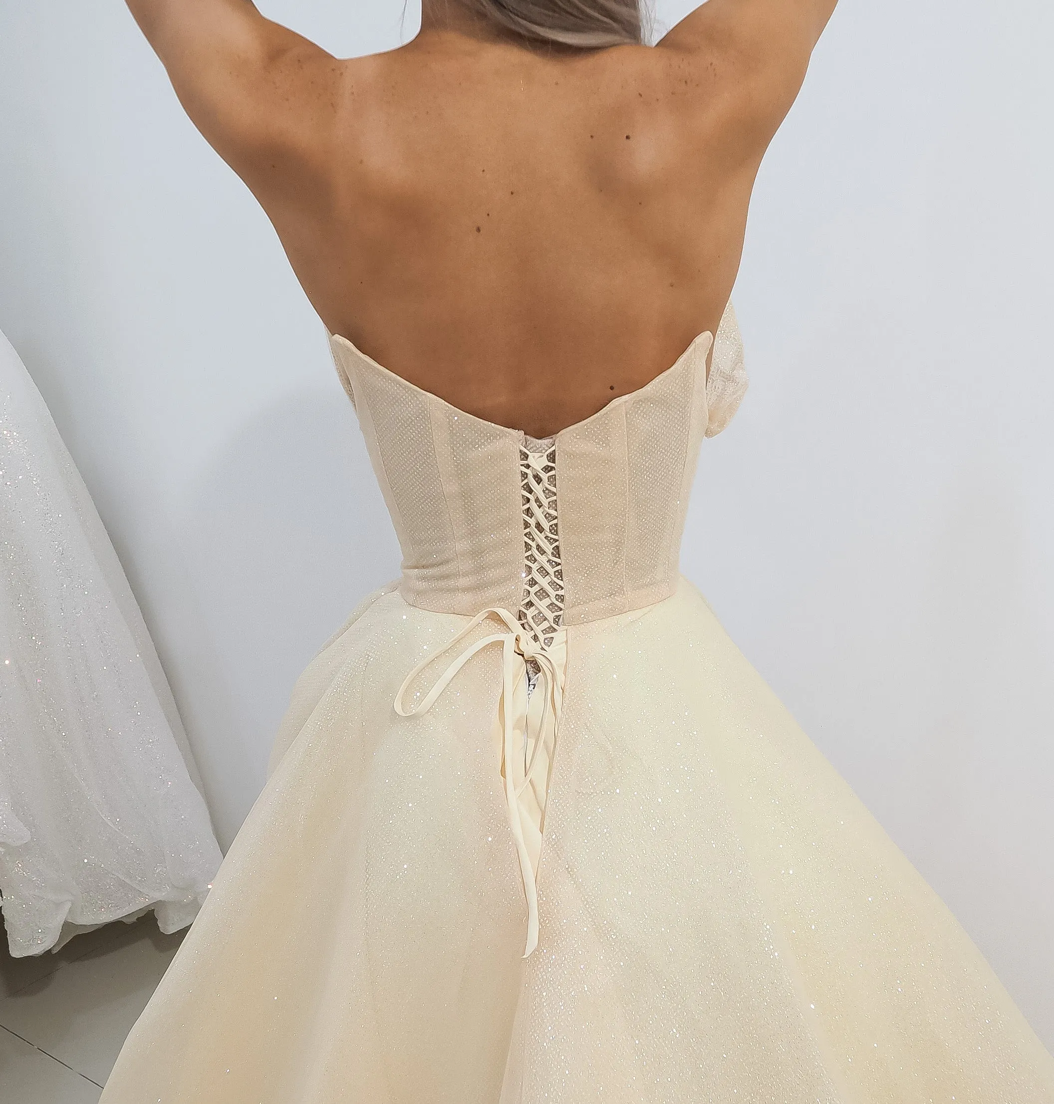 Strapless sparkling light gold tulle princess dress