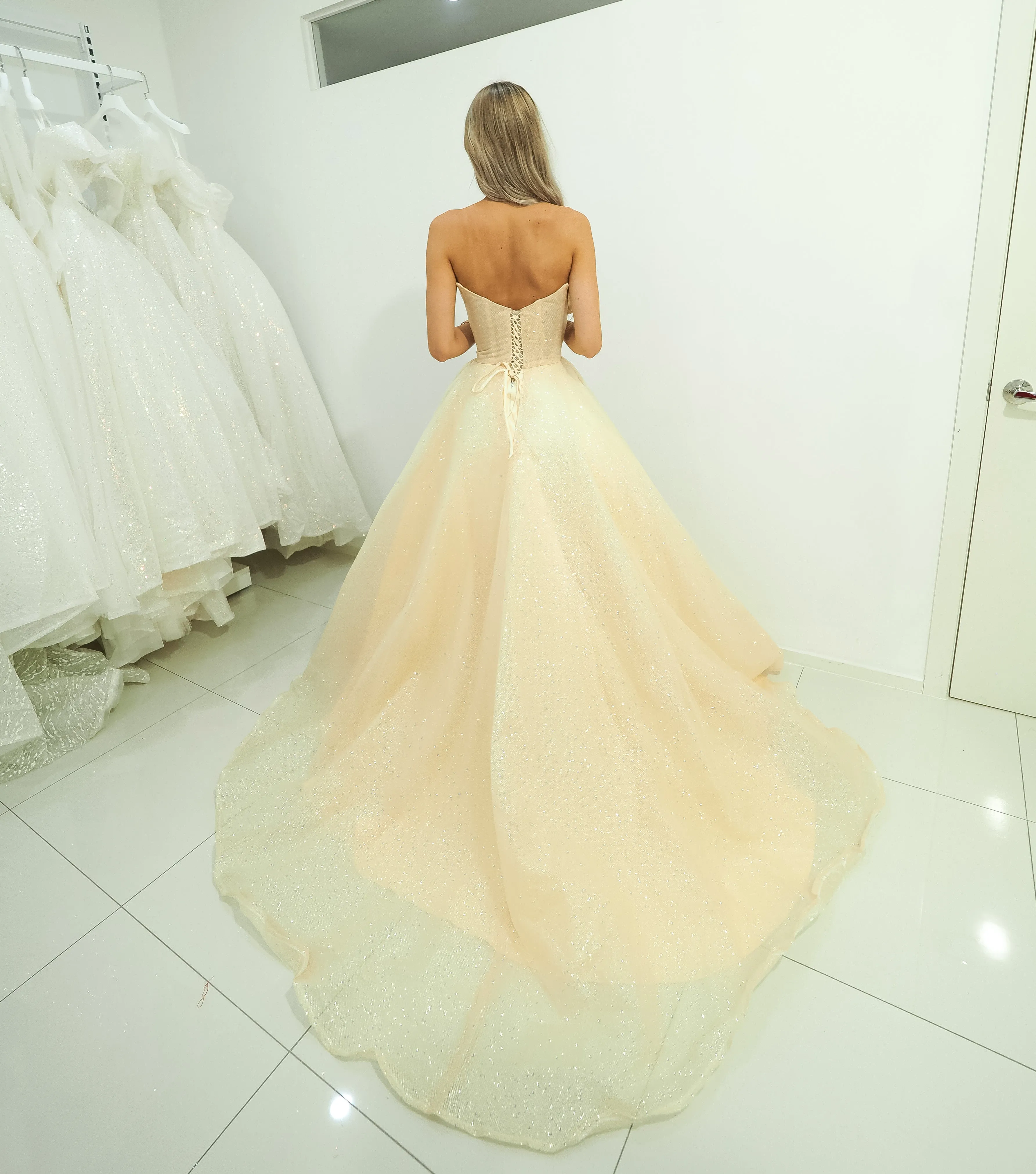 Strapless sparkling light gold tulle princess dress