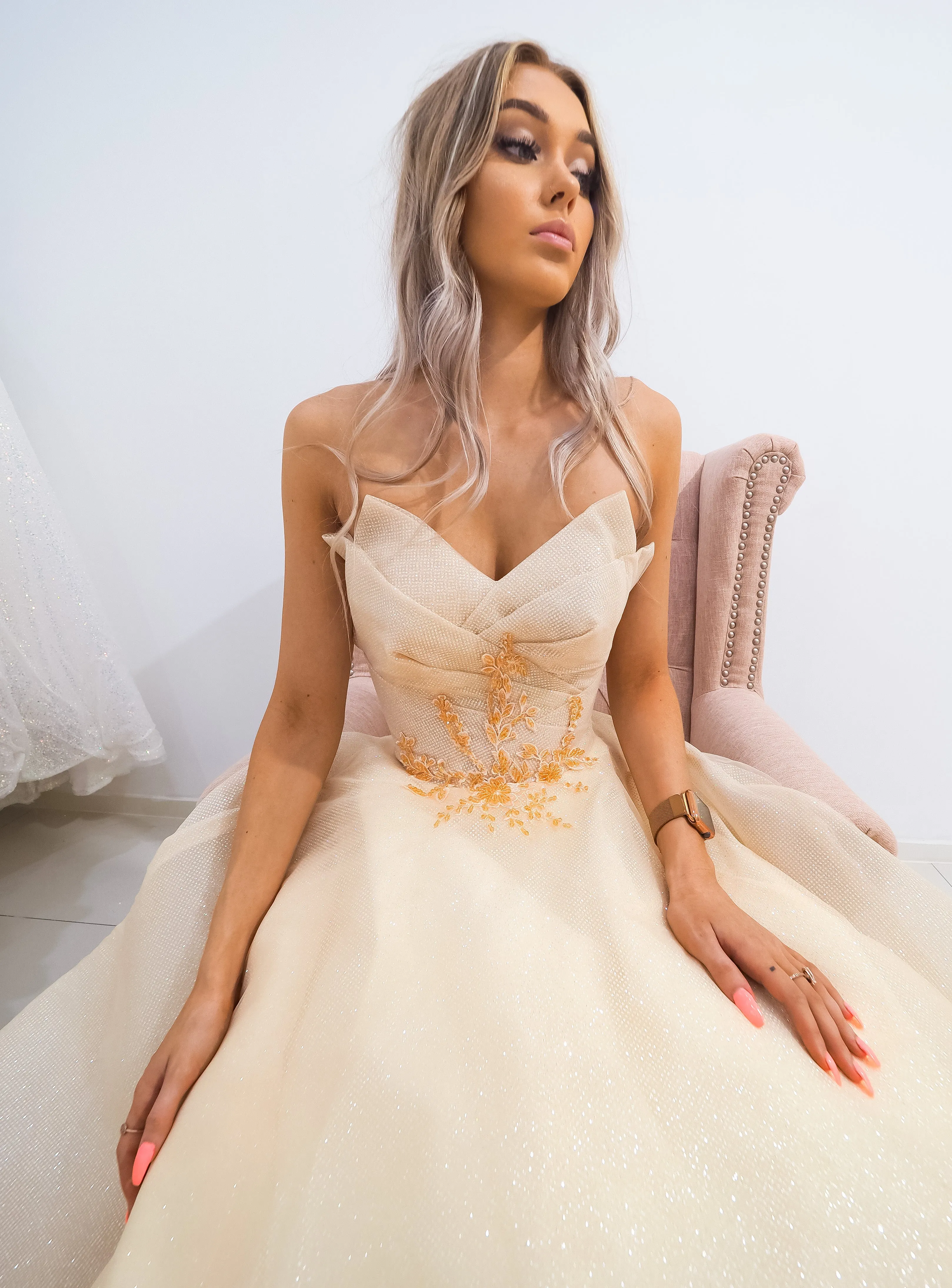 Strapless sparkling light gold tulle princess dress