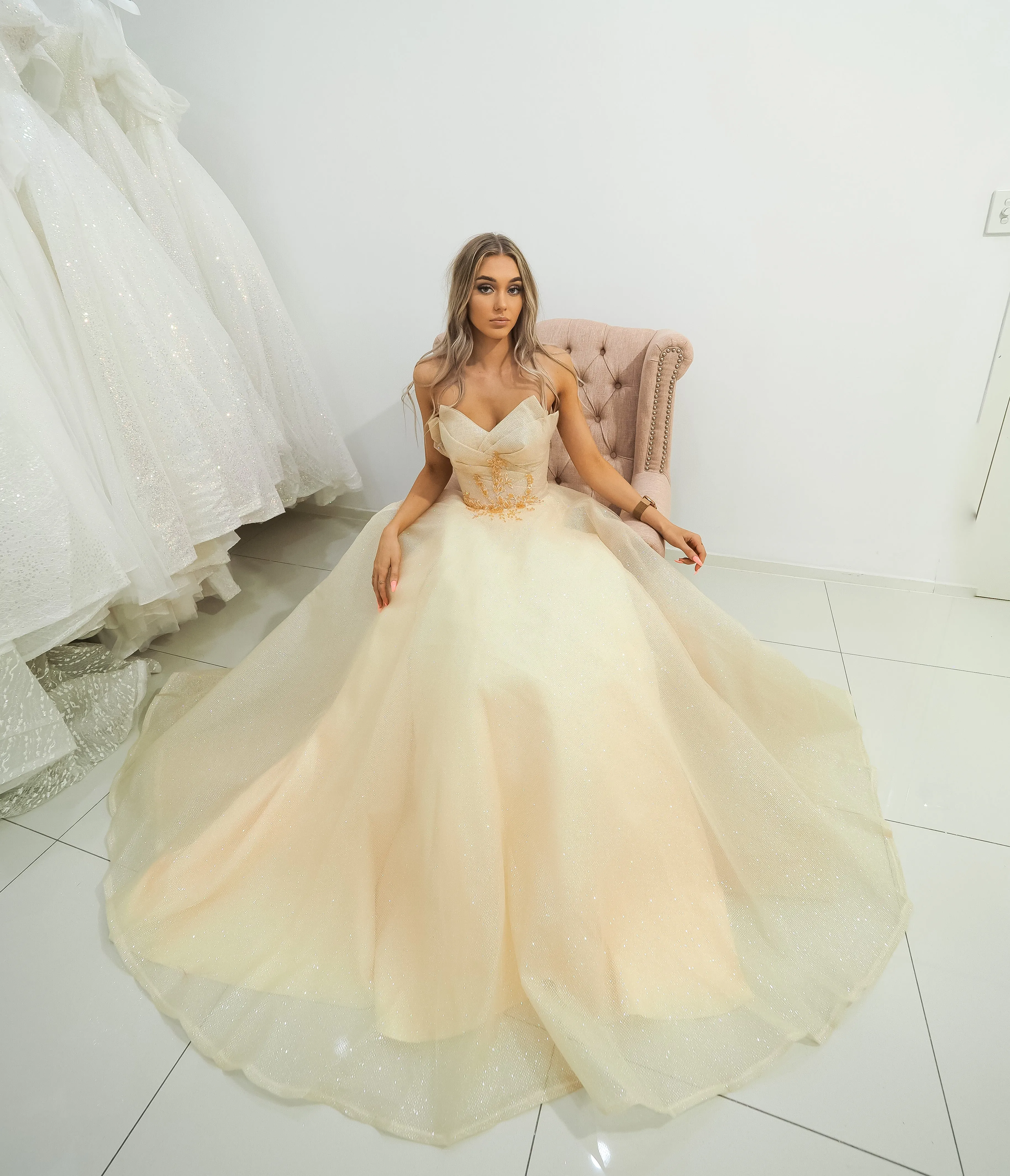 Strapless sparkling light gold tulle princess dress