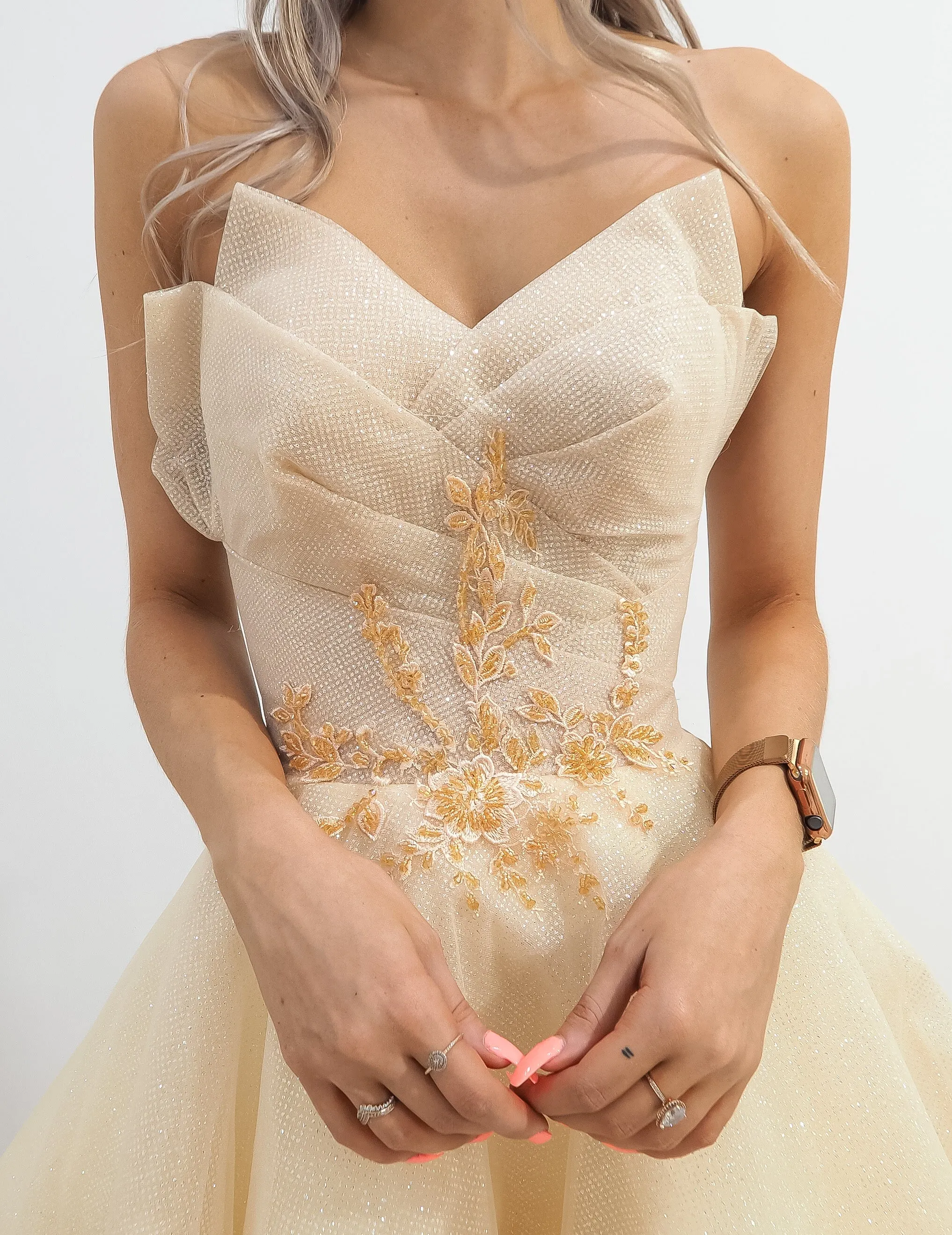 Strapless sparkling light gold tulle princess dress