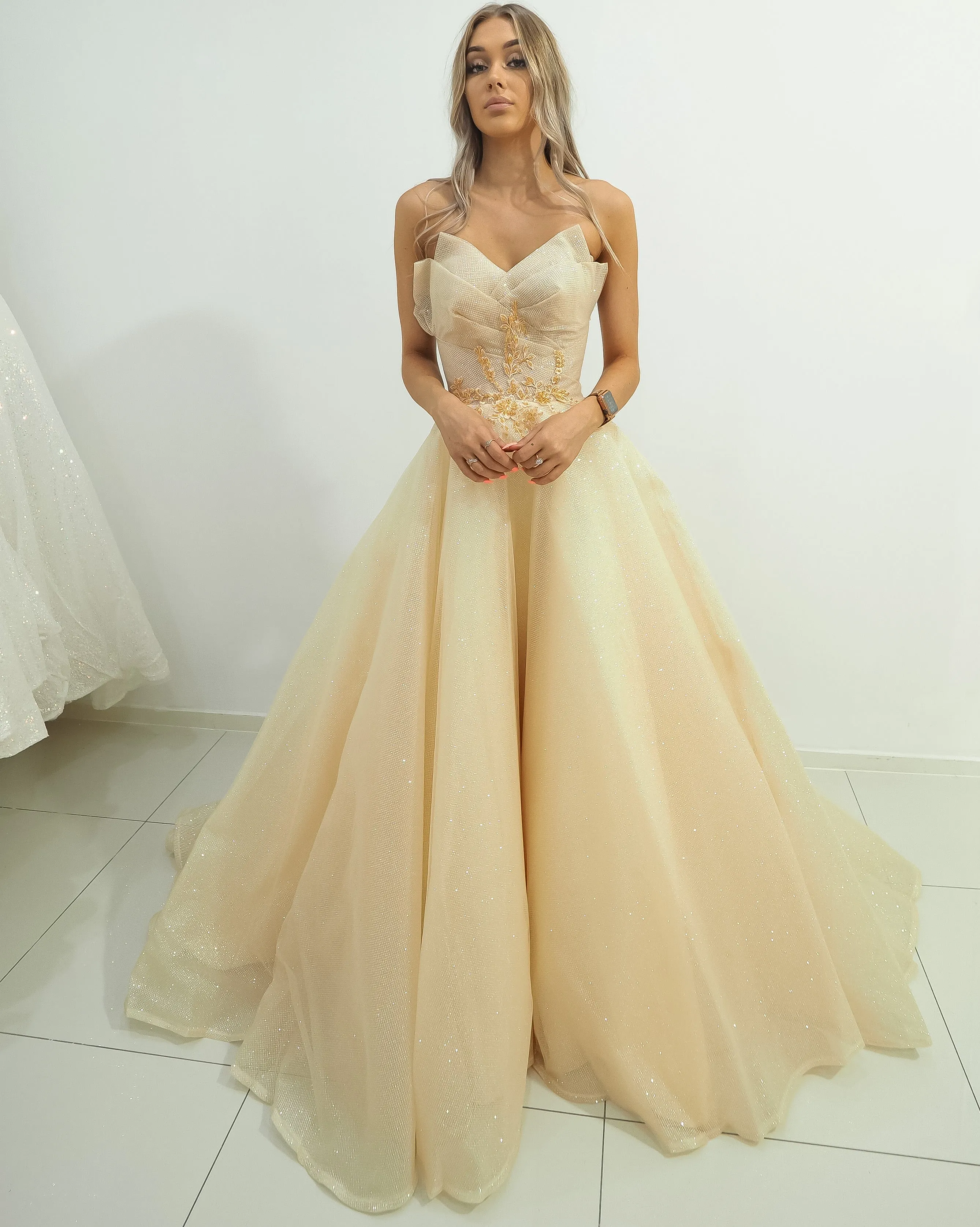 Strapless sparkling light gold tulle princess dress