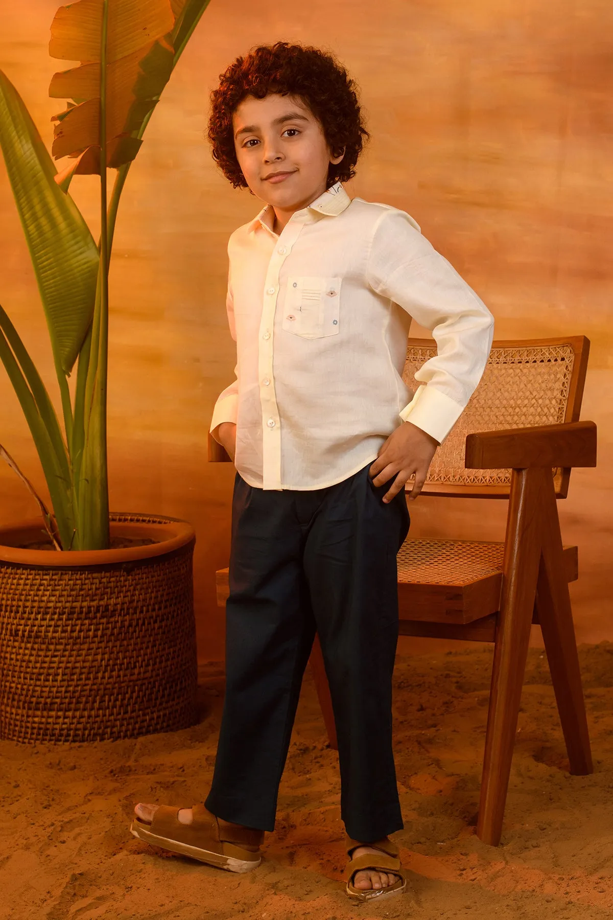 Summer Dandelion- Pastel Yellow Cotton Satin Shirt For Boys