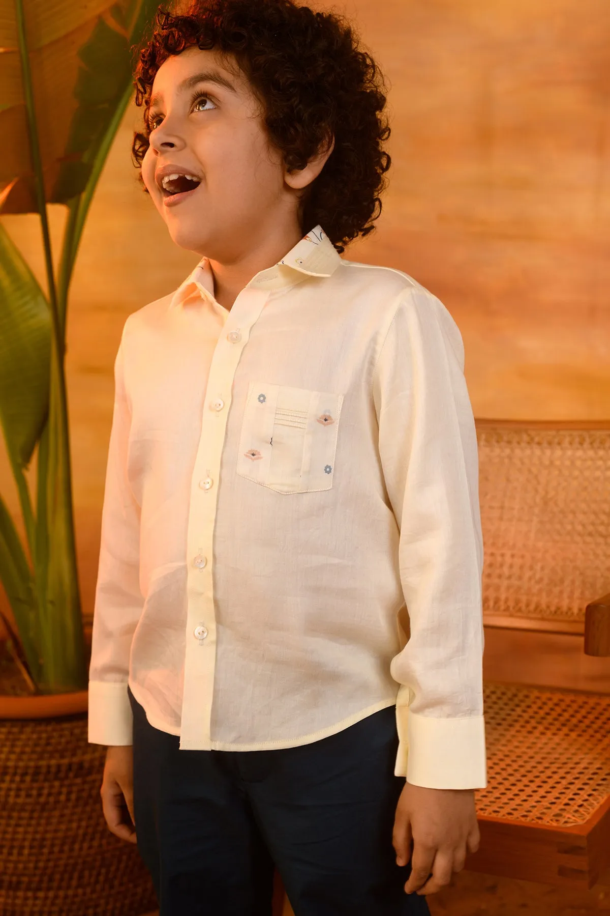 Summer Dandelion- Pastel Yellow Cotton Satin Shirt For Boys